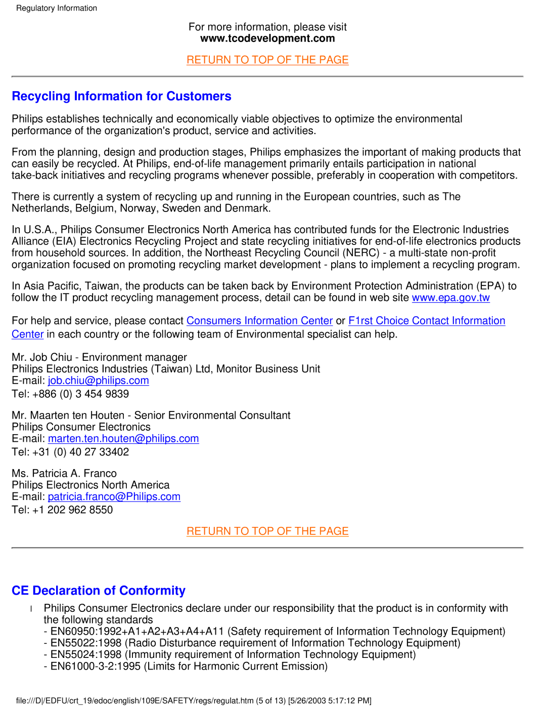 Philips 109E5 user manual Recycling Information for Customers, CE Declaration of Conformity 