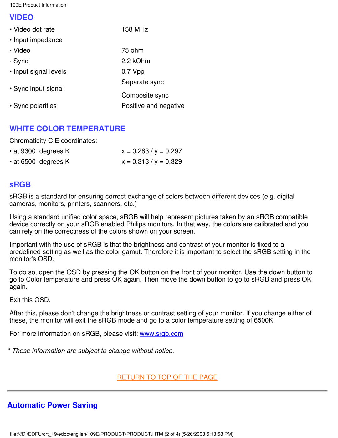 Philips 109E5 user manual Video, Automatic Power Saving 