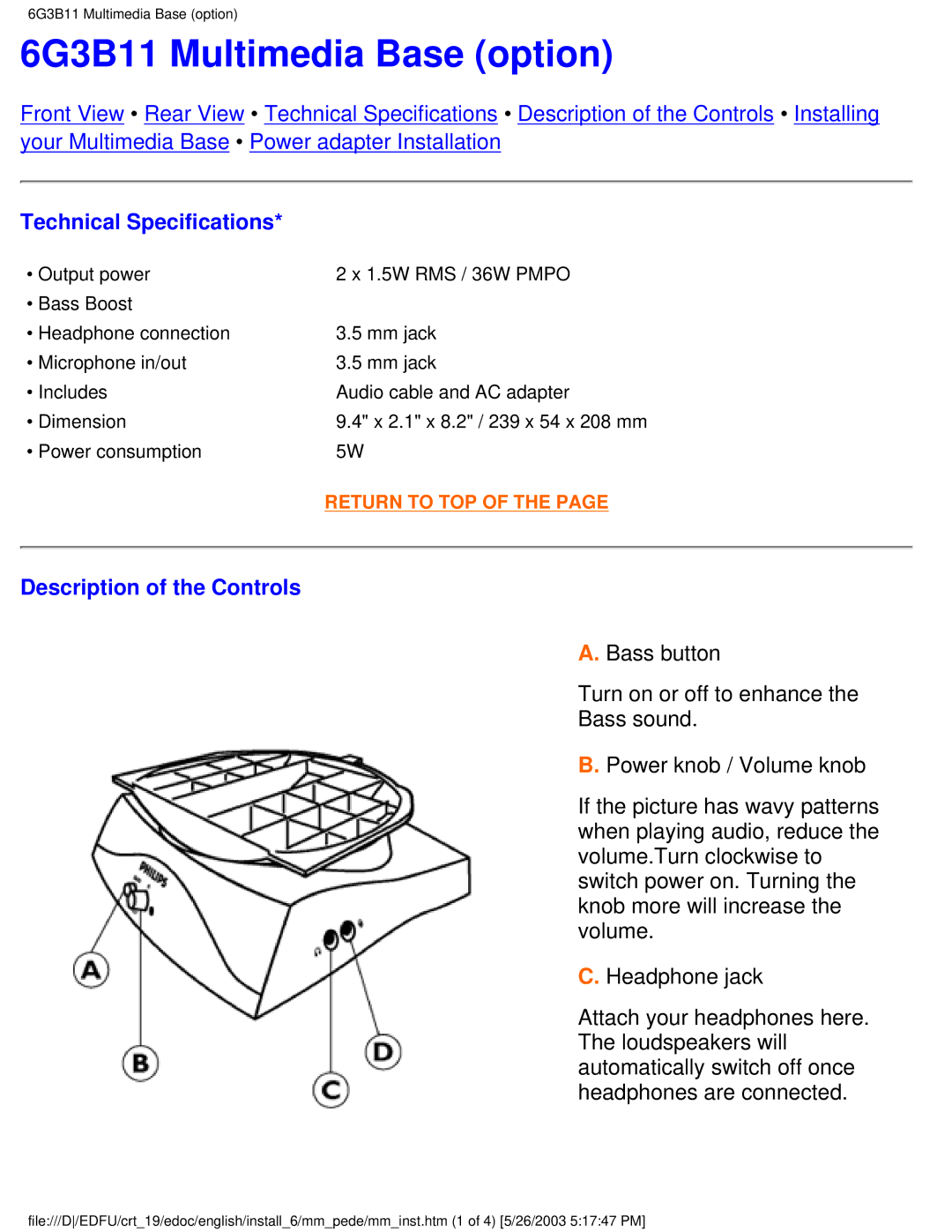 Philips 109E5 user manual 6G3B11 Multimedia Base option, Description of the Controls 