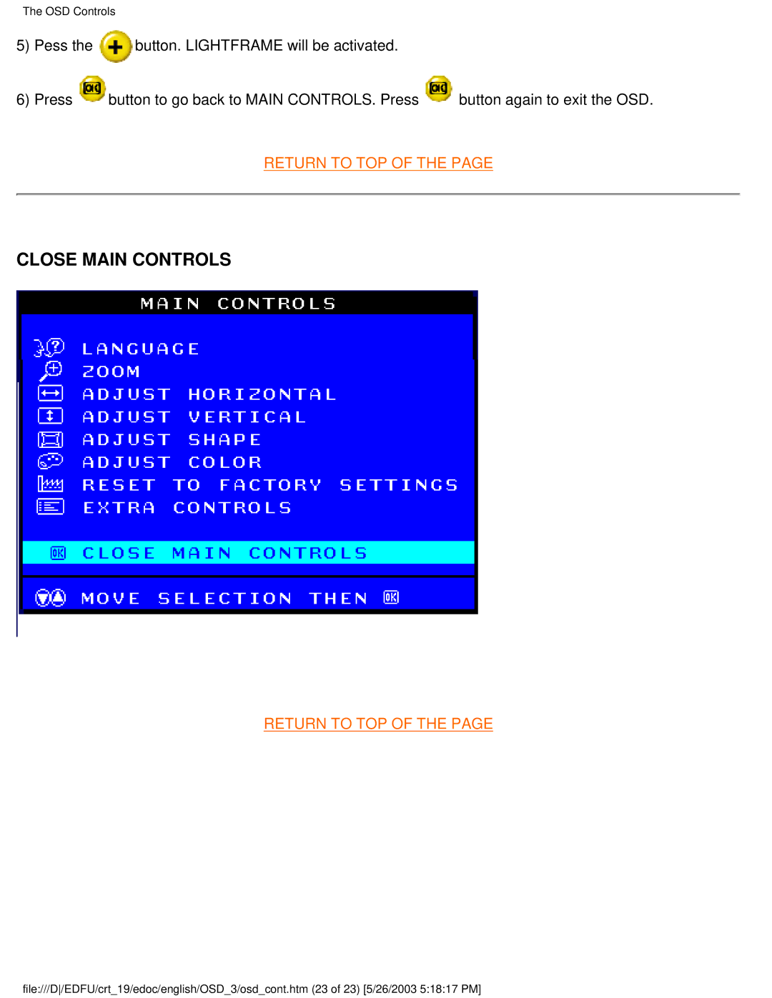 Philips 109E5 user manual Close Main Controls 