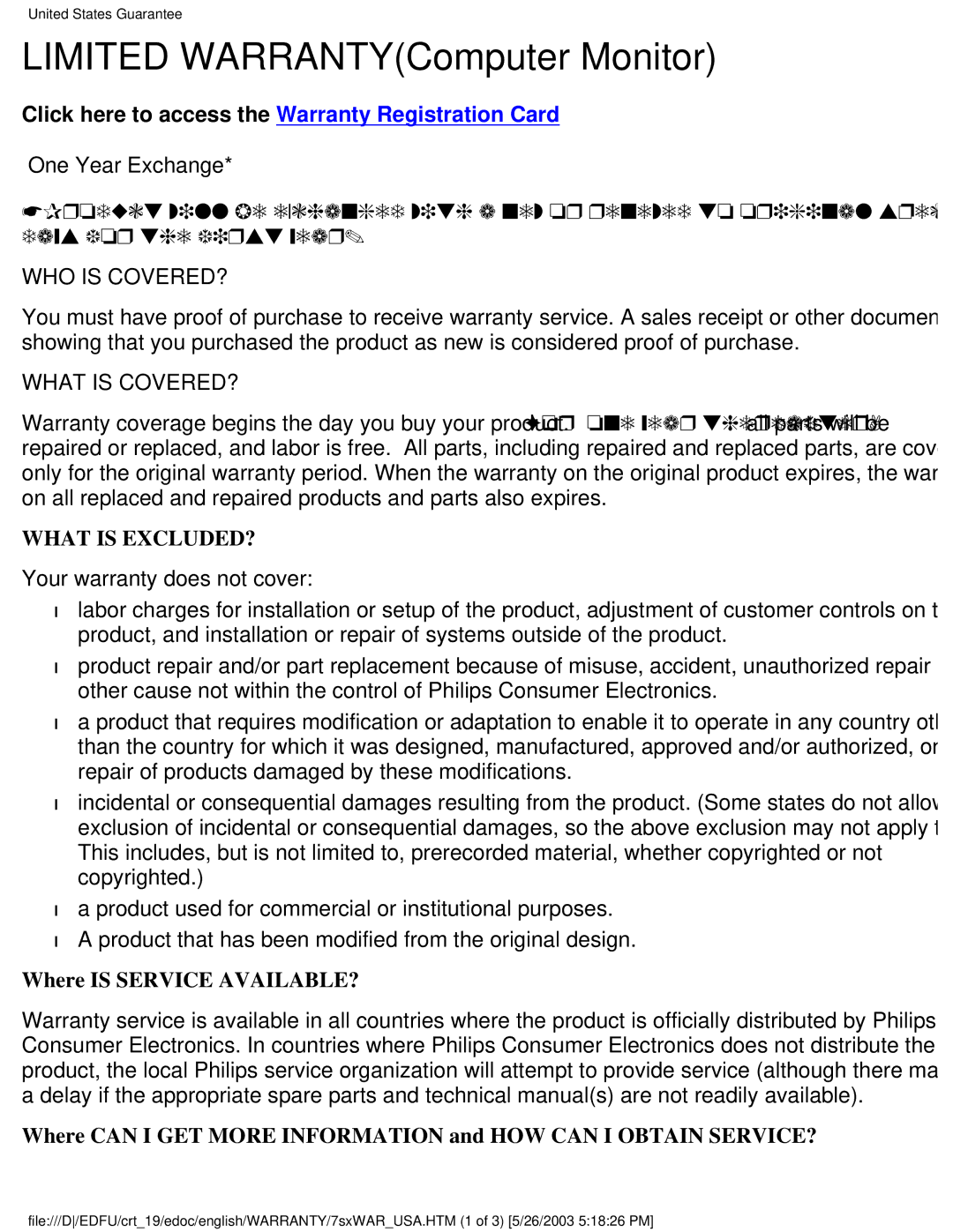 Philips 109E5 user manual Limited WARRANTYComputer Monitor, Click here to access the Warranty Registration Card 