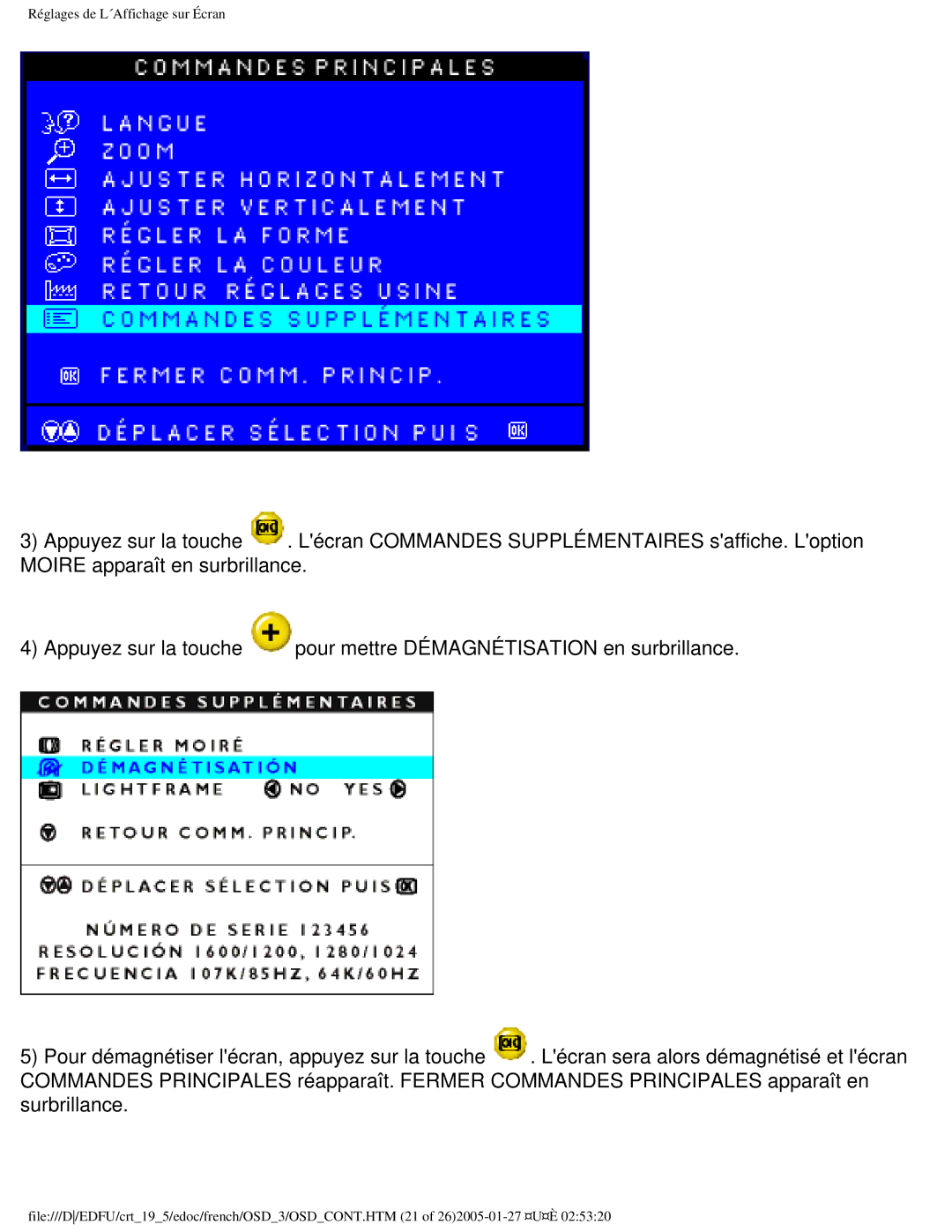 Philips 109ES user manual Réglages de L´Affichage sur Écran 