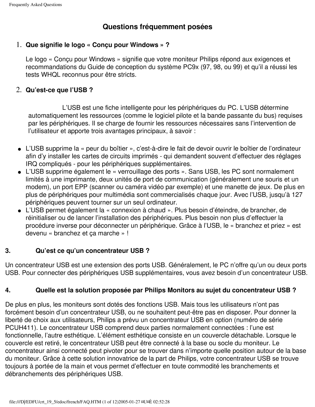 Philips 109ES Que signifie le logo « Conçu pour Windows » ?, Qu’est-ce que l’USB ?, Qu’est ce qu’un concentrateur USB ? 