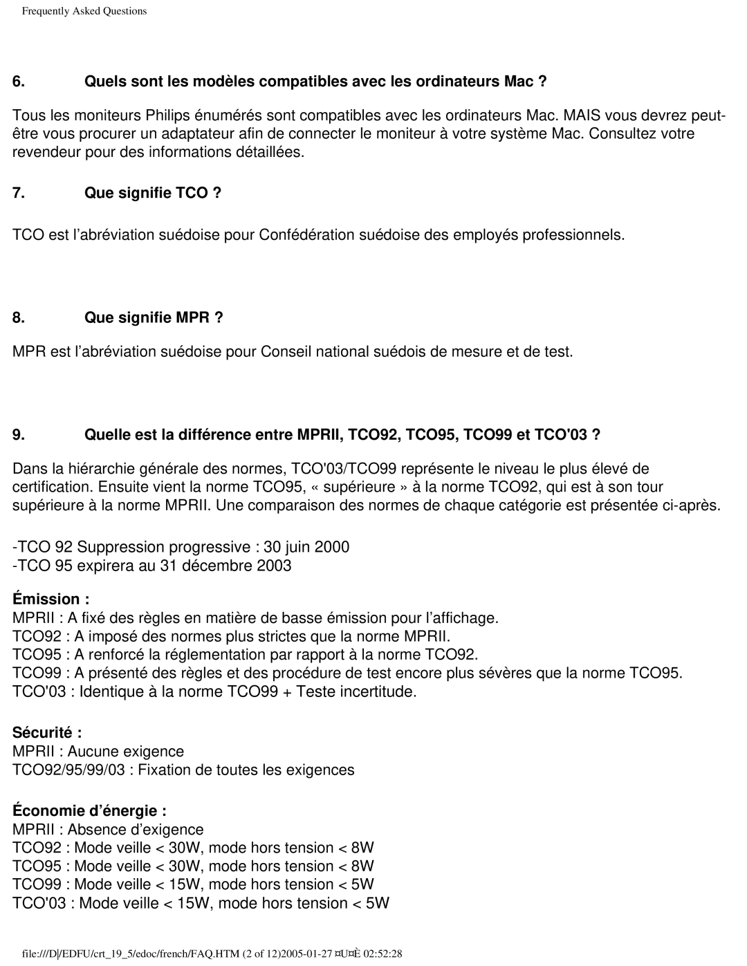 Philips 109ES user manual Que signifie TCO ?, Que signifie MPR ?, Émission, Sécurité, Économie d’énergie 