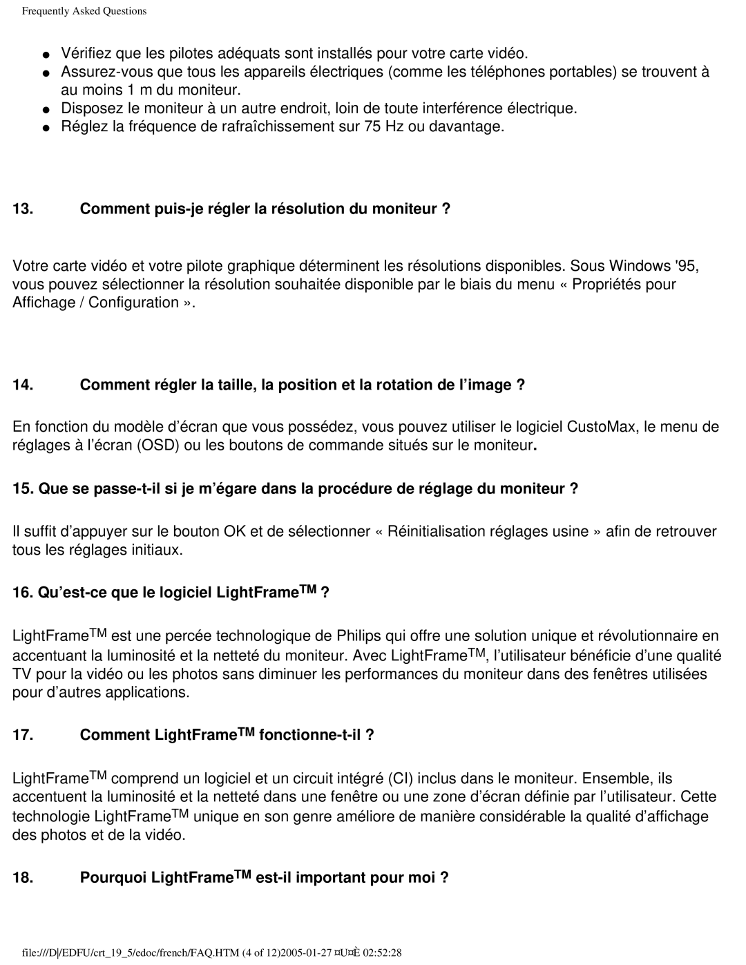 Philips 109ES user manual Comment puis-je régler la résolution du moniteur ?, 16. Qu’est-ce que le logiciel LightFrameTM ? 