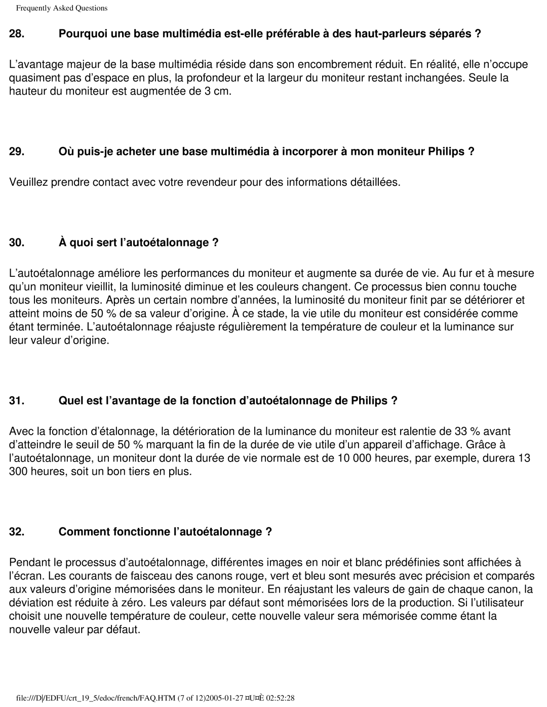 Philips 109ES user manual 30. À quoi sert l’autoétalonnage ?, Comment fonctionne l’autoétalonnage ? 