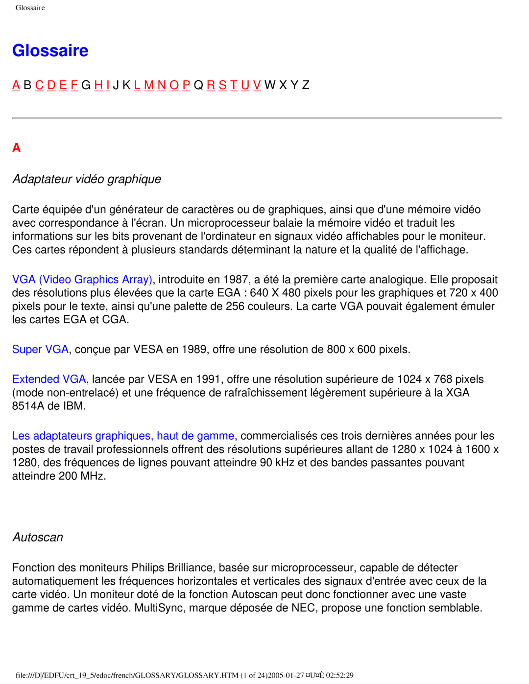 Philips 109ES user manual Glossaire, Adaptateur vidéo graphique, Autoscan 