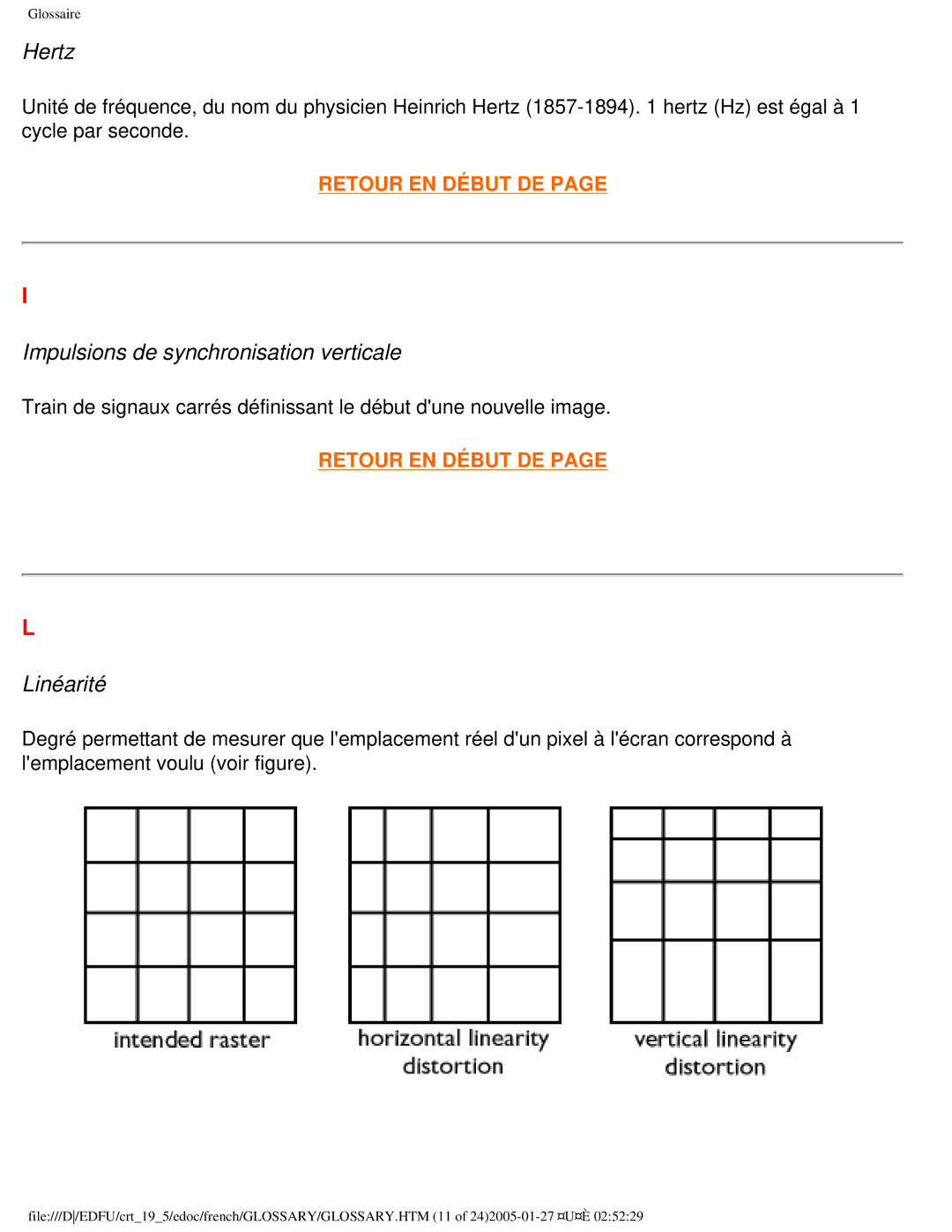 Philips 109ES user manual Hertz, Impulsions de synchronisation verticale, Linéarité 