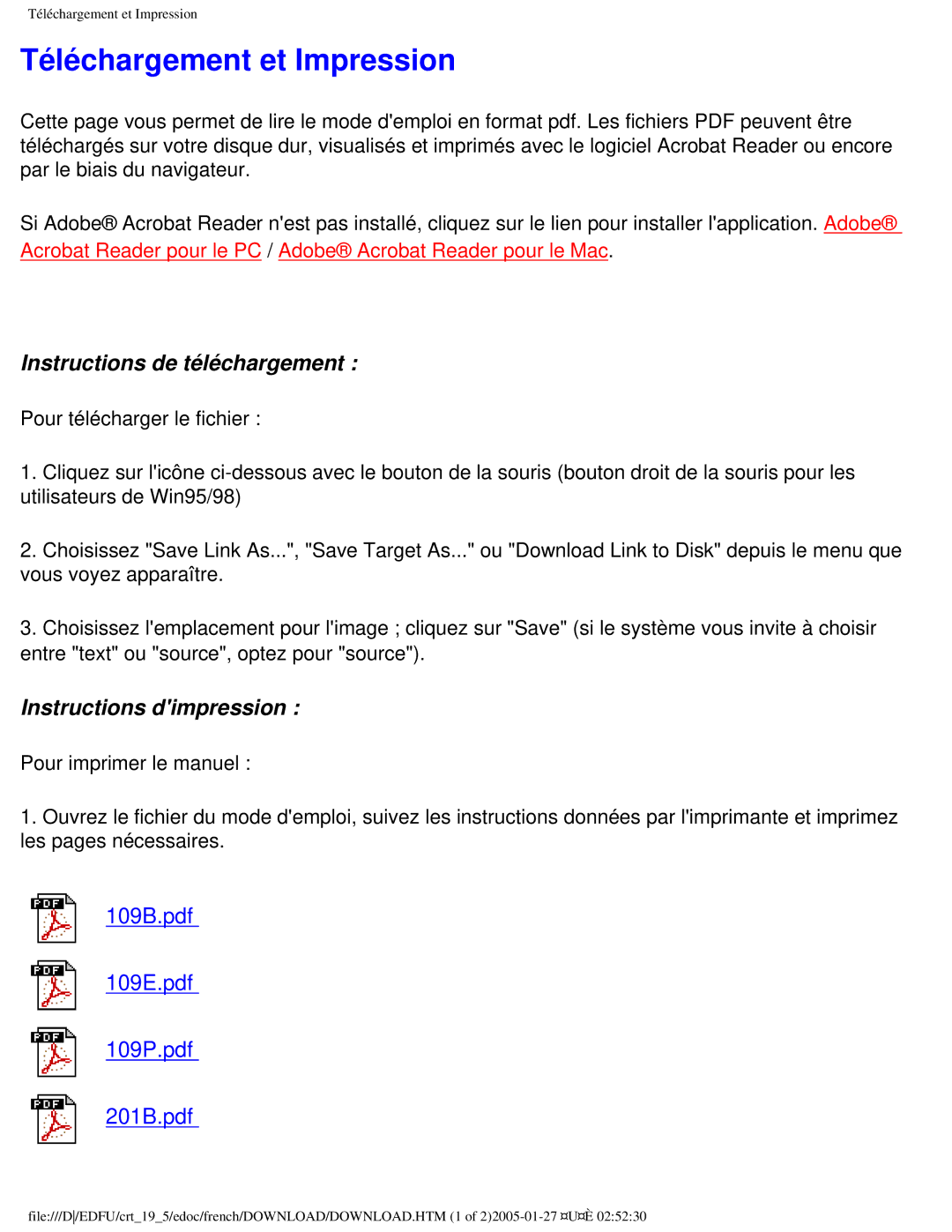 Philips 109ES user manual Téléchargement et Impression, Instructions de téléchargement 