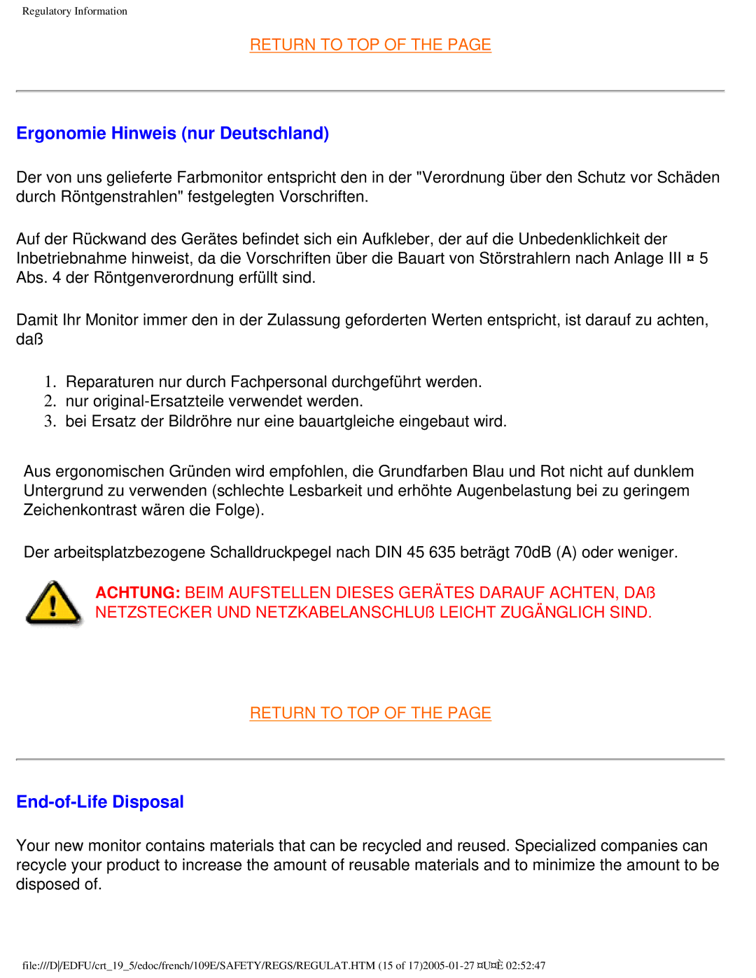 Philips 109ES user manual Ergonomie Hinweis nur Deutschland, End-of-Life Disposal 