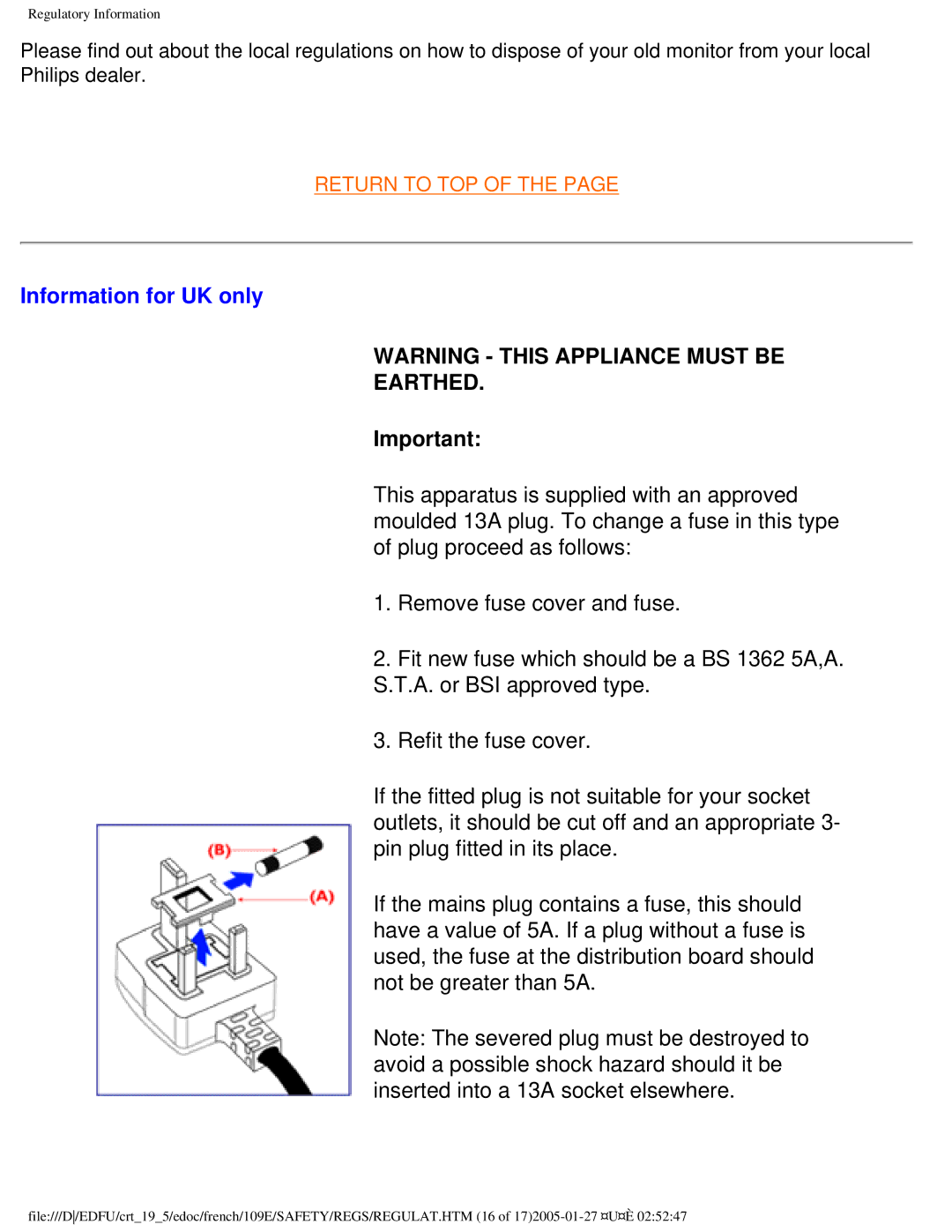 Philips 109ES user manual Information for UK only, Earthed 