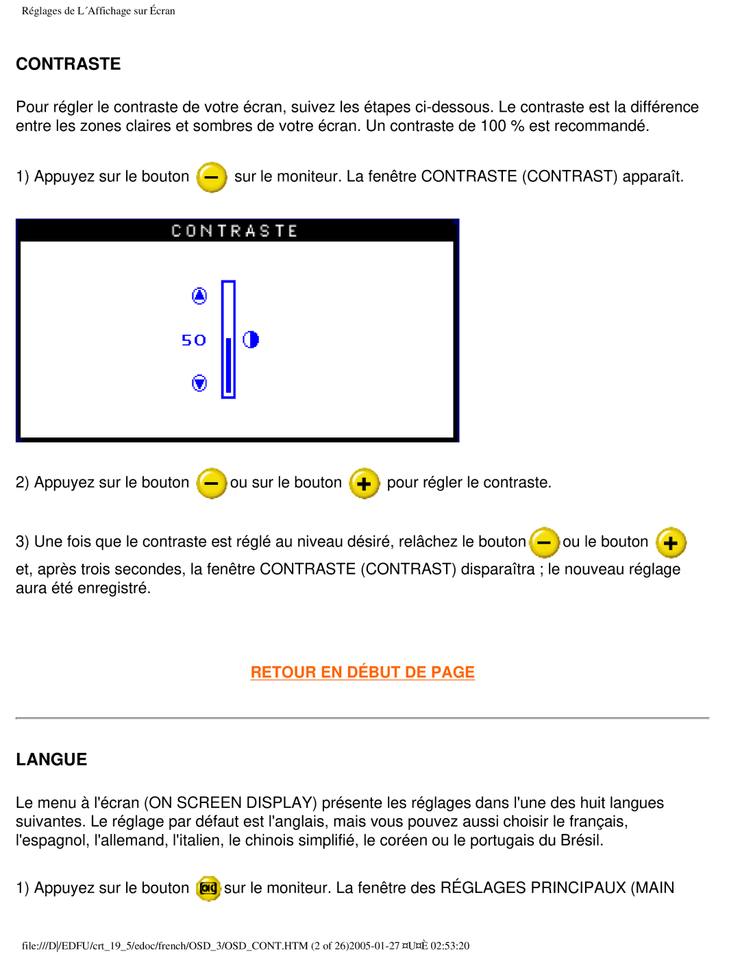 Philips 109ES user manual Contraste, Langue 