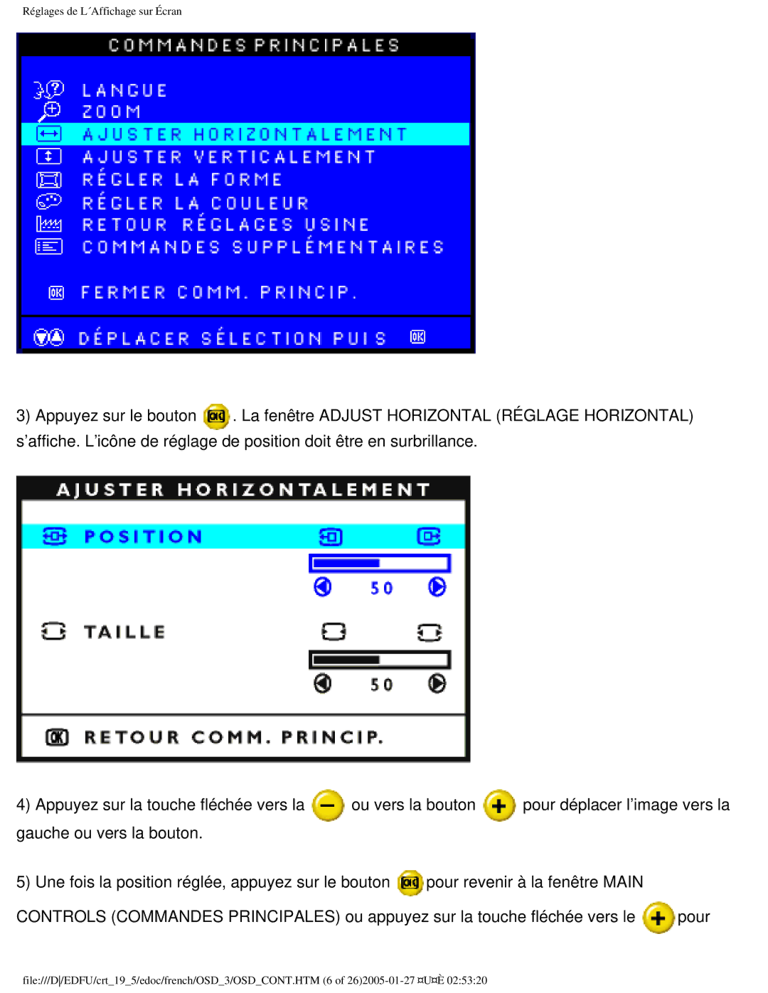 Philips 109ES user manual Réglages de L´Affichage sur Écran 