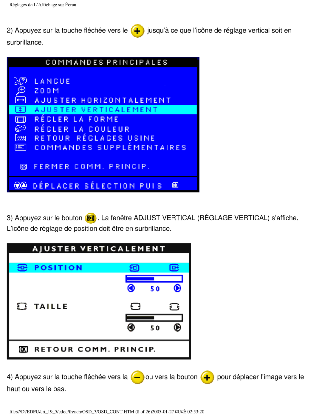 Philips 109ES user manual Réglages de L´Affichage sur Écran 