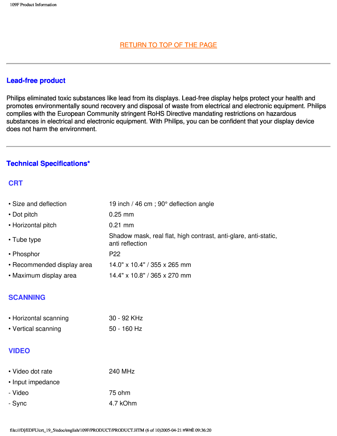 Philips 109F user manual Lead-freeproduct, Technical Specifications, Scanning, Video, Return To Top Of The Page 