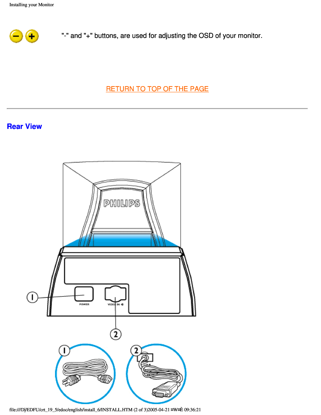 Philips 109F user manual Rear View, Return To Top Of The Page, Installing your Monitor 
