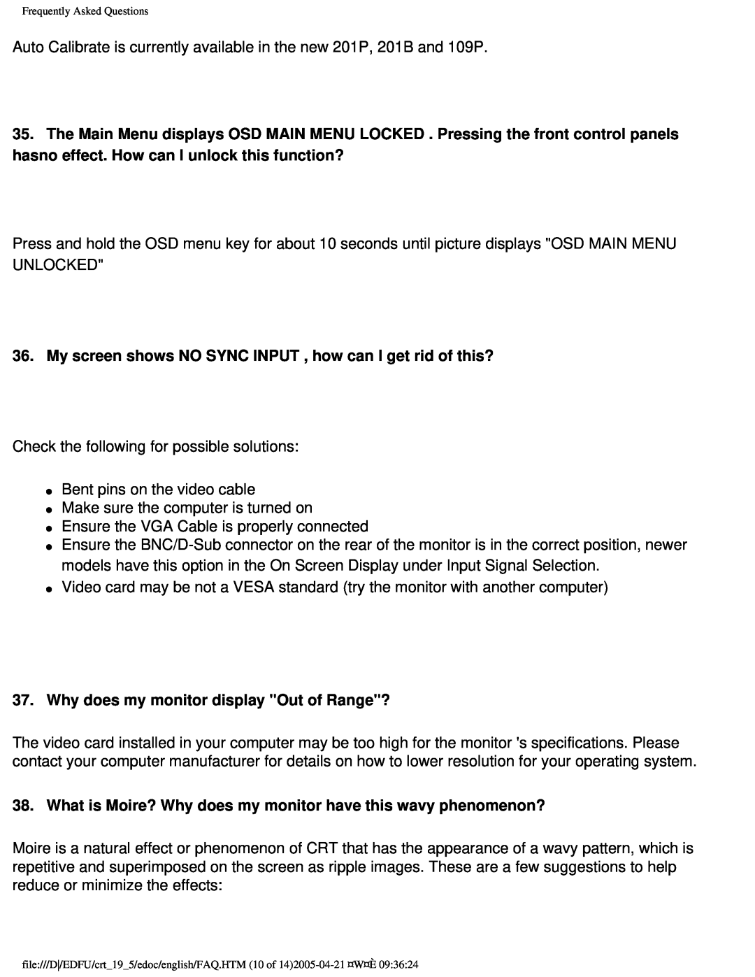 Philips 109F user manual Why does my monitor display Out of Range? 