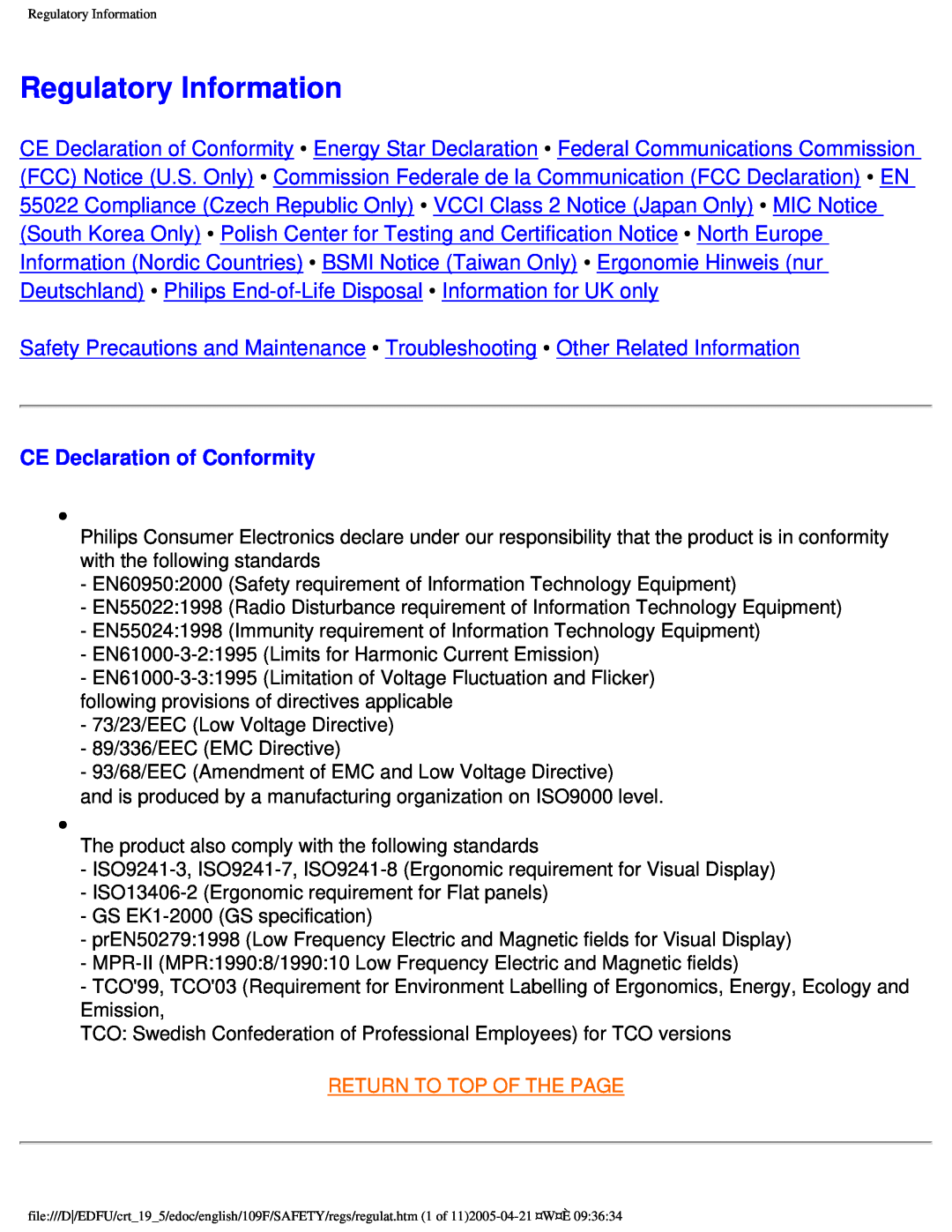 Philips 109F user manual Regulatory Information, CE Declaration of Conformity 