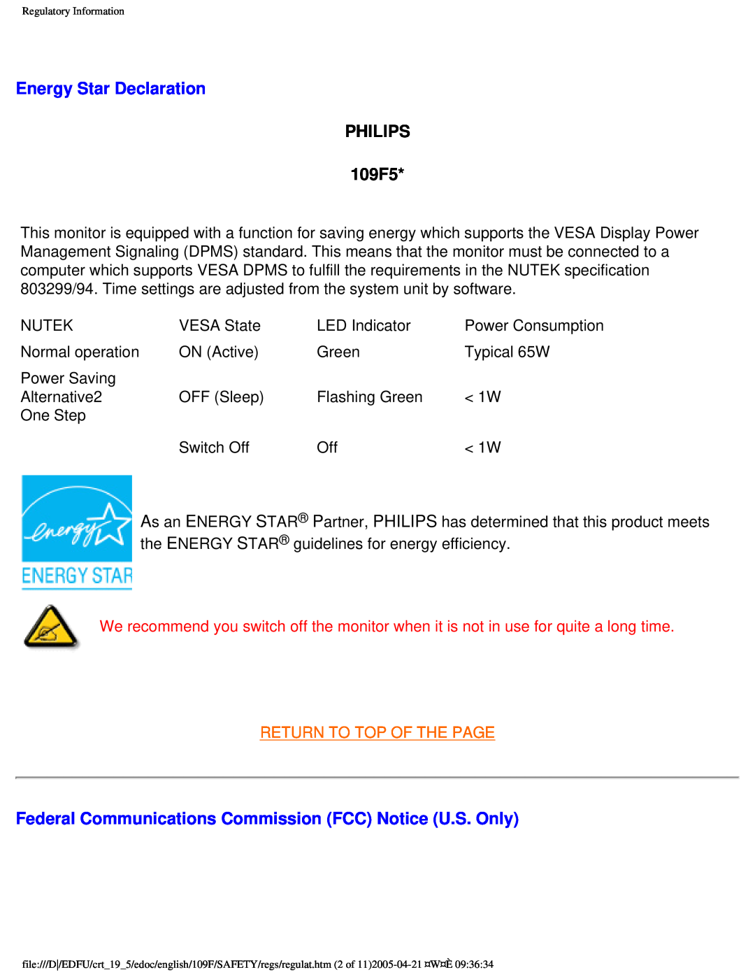 Philips user manual Energy Star Declaration, PHILIPS 109F5, Return To Top Of The Page 
