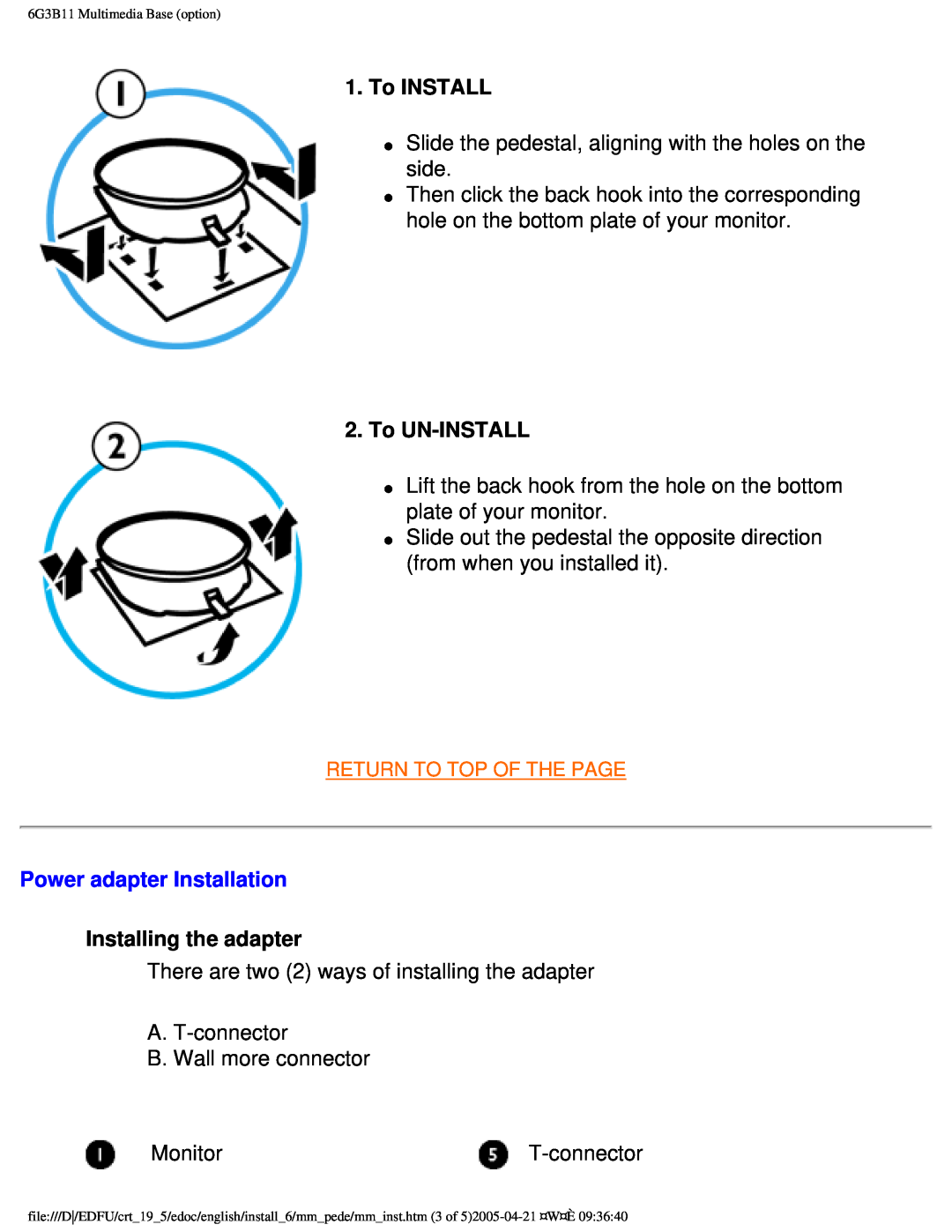 Philips 109F user manual To INSTALL, To UN-INSTALL, Power adapter Installation, Installing the adapter 