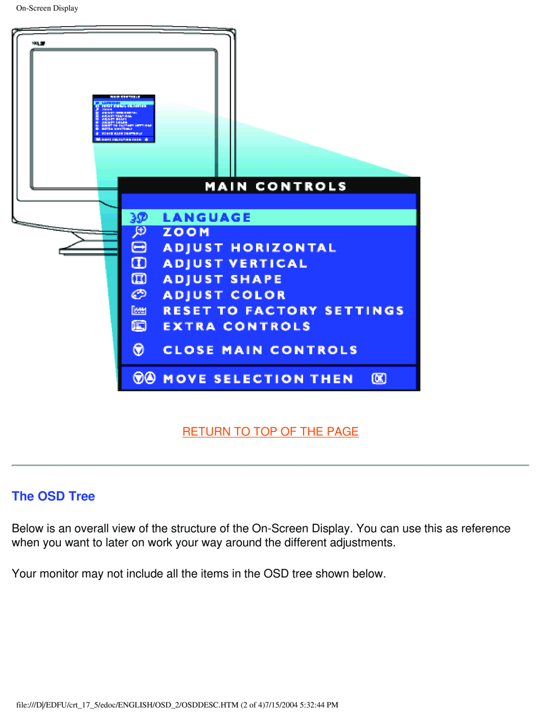 Philips 107F5, 109F5, 107S5, 107T5, 109B5, 107E5 user manual The OSD Tree, Return To Top Of The Page, On-ScreenDisplay 