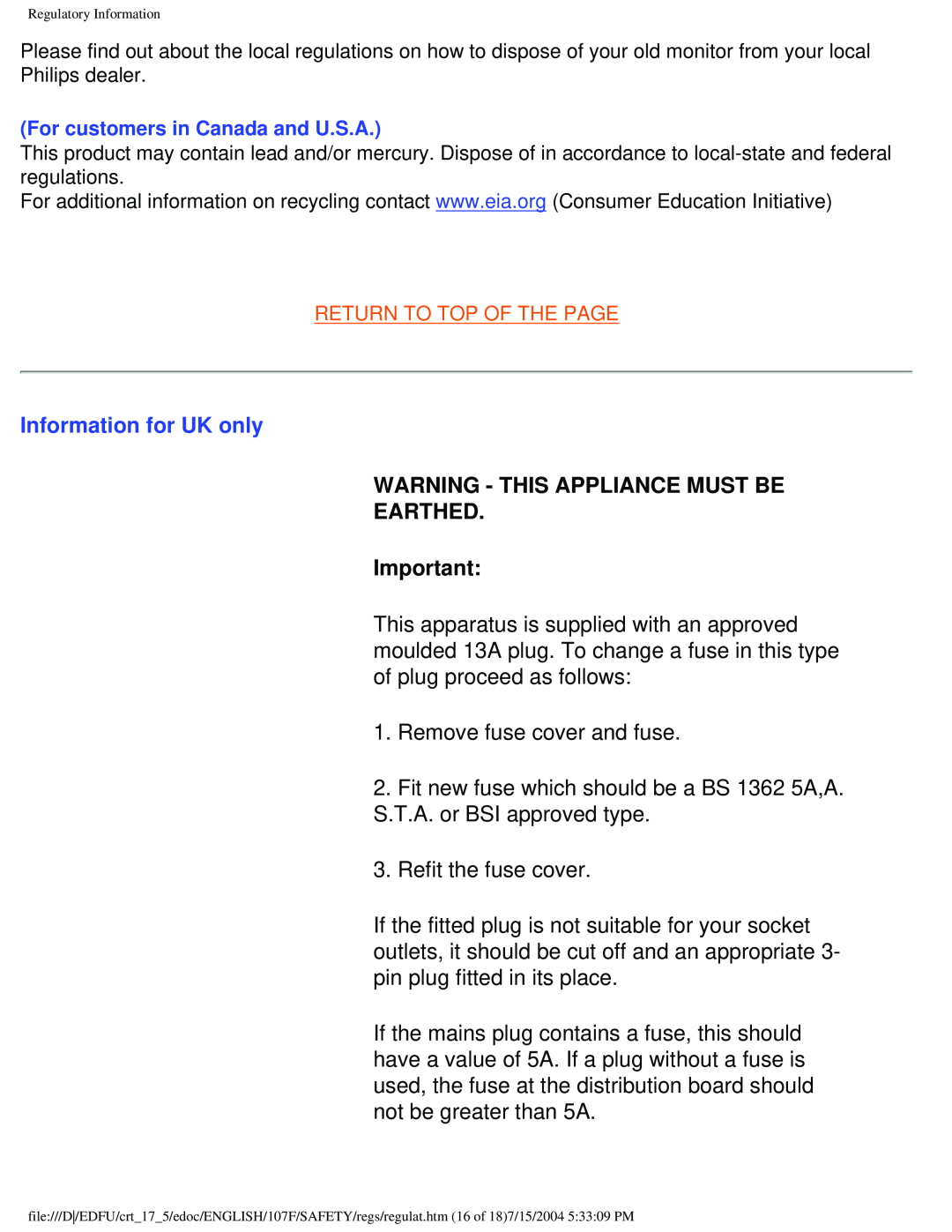 Philips 107F5, 109F5, 107S5, 107T5, 109B5, 107E5 user manual Information for UK only, Warning - This Appliance Must Be Earthed 