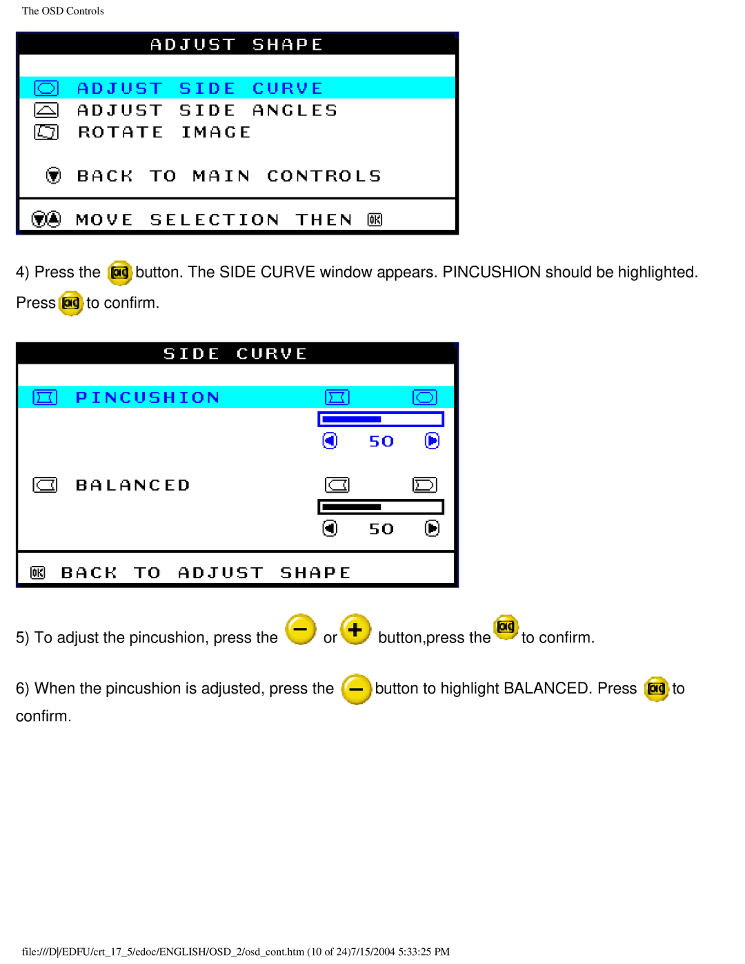 Philips 107F5, 109F5, 107S5, 107T5, 109B5, 107E5 user manual OSD Controls 