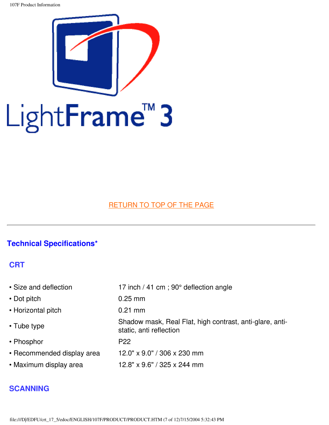 Philips 109F5, 107S5, 107T5, 109B5, 107F5, 107E5 user manual Technical Specifications, Crt 