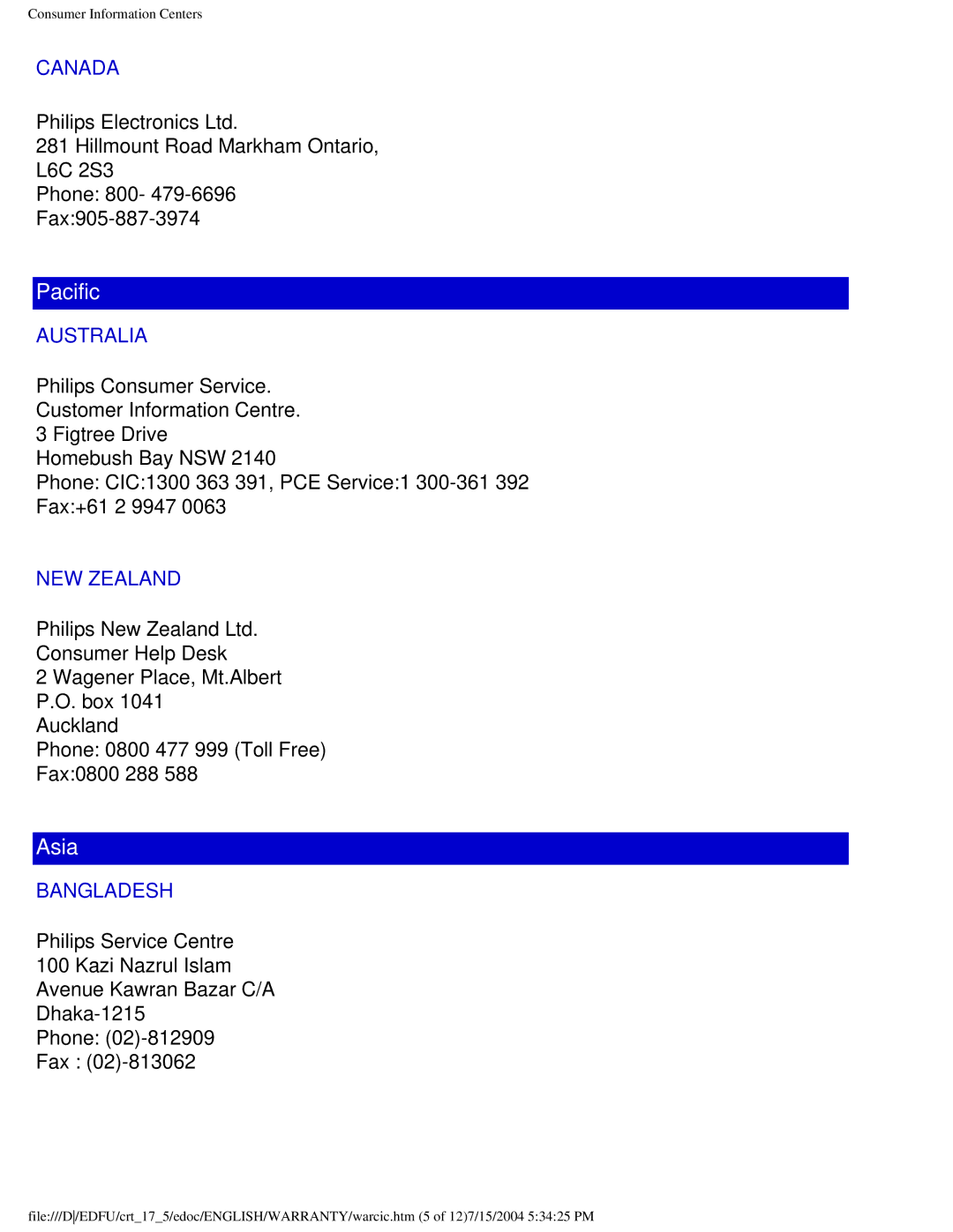 Philips 109B5, 109F5, 107S5, 107T5, 107F5, 107E5 user manual Pacific 