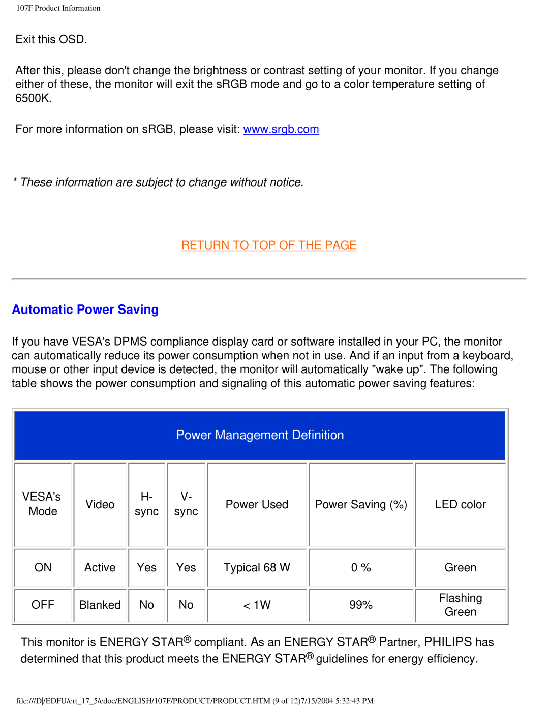 Philips 107T5, 109F5, 107S5, 109B5, 107F5, 107E5 user manual Automatic Power Saving, Power Management Definition 