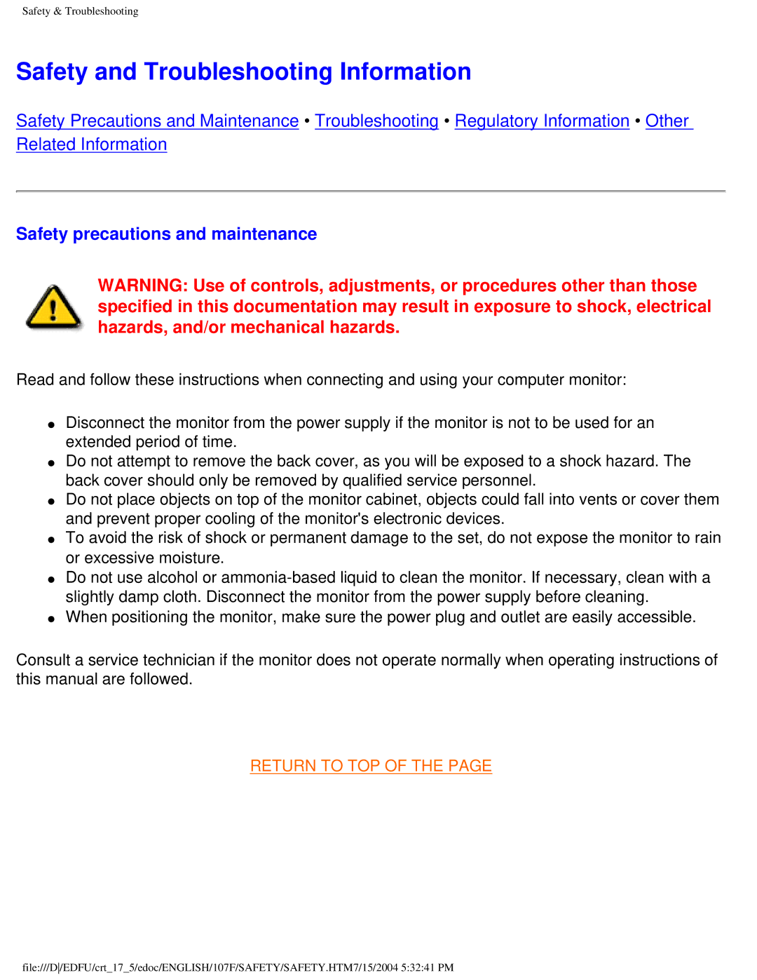 Philips 107T5, 109F5, 107S5, 109B5, 107F5, 107E5 Safety and Troubleshooting Information, Safety precautions and maintenance 