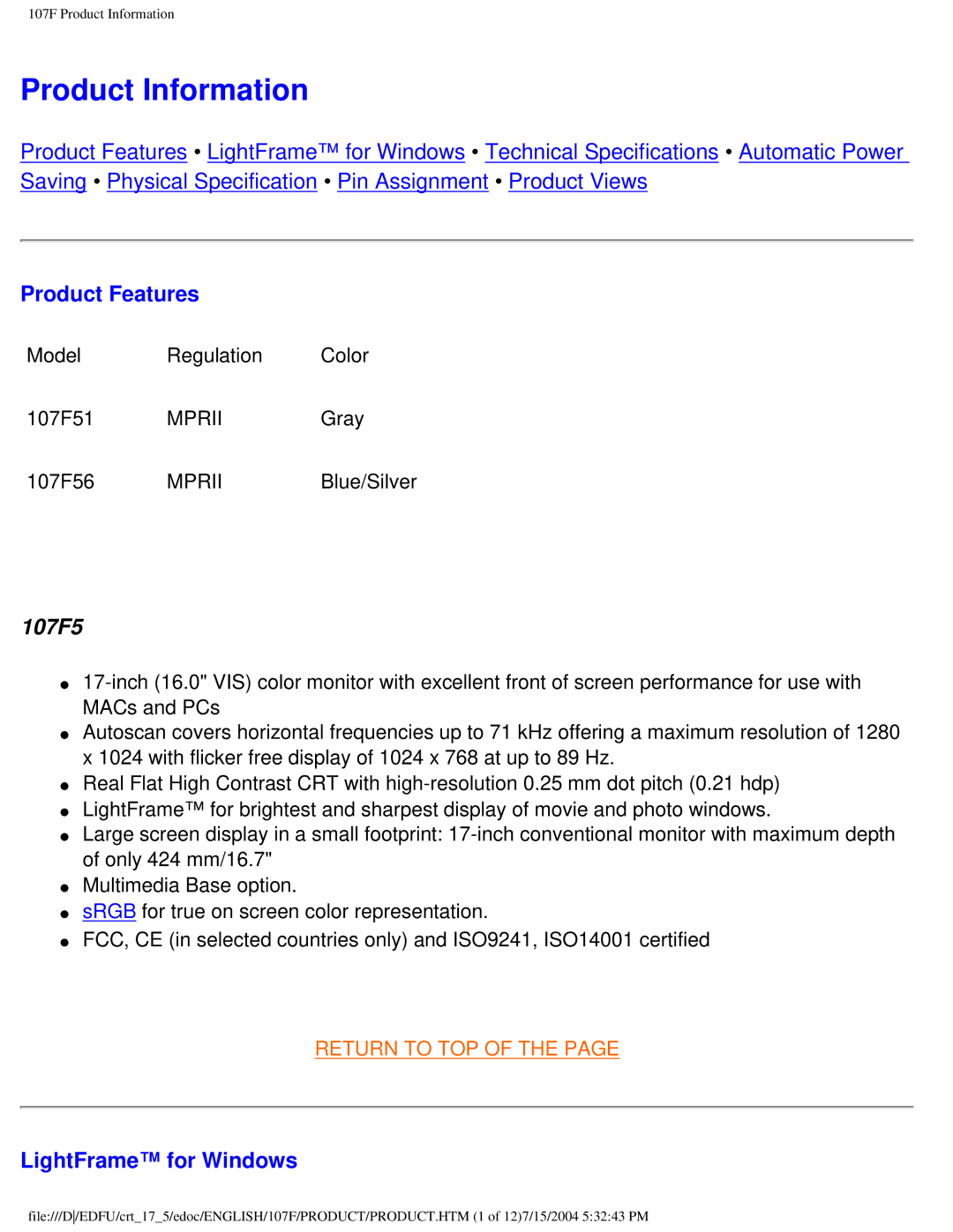 Philips 109F5, 107S5, 107T5, 109B5, 107F5, 107E5 user manual Product Information, Product Features, LightFrame for Windows 