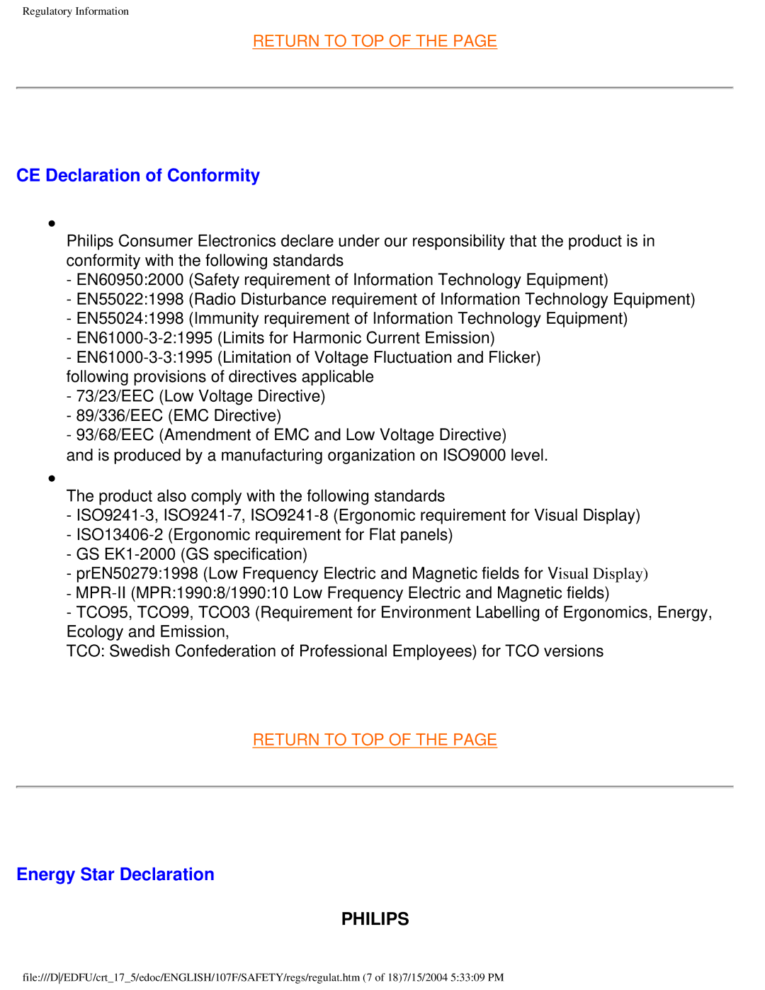 Philips 107S5, 109F5, 107T5, 109B5, 107F5, 107E5 user manual CE Declaration of Conformity, Energy Star Declaration, Philips 