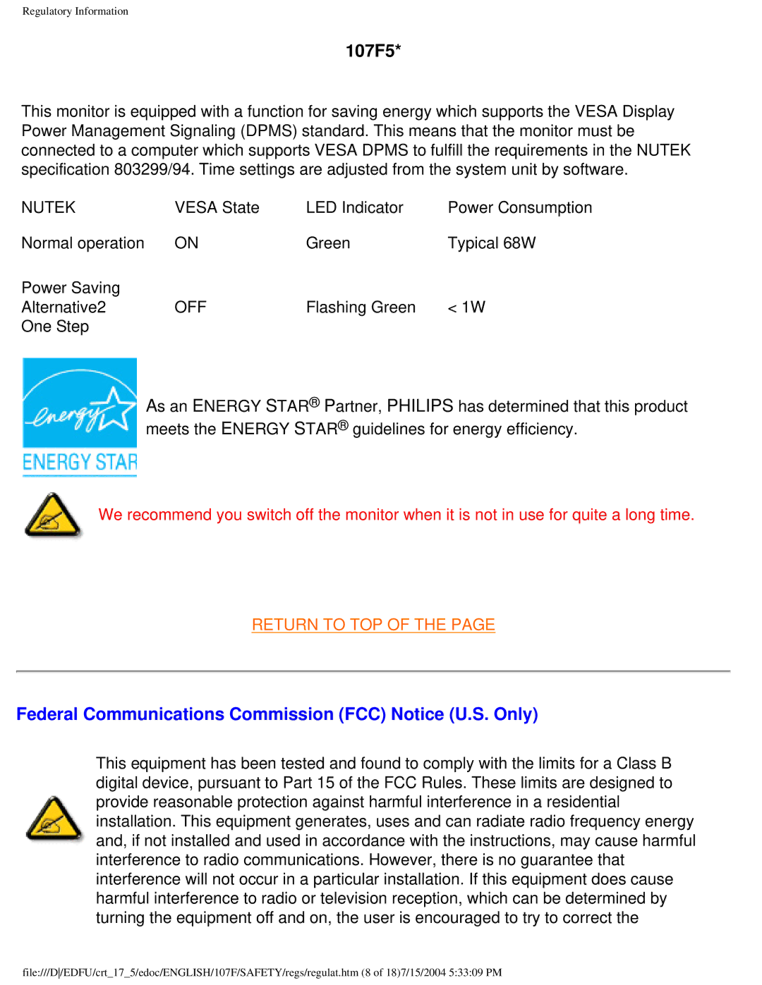 Philips 107T5, 109F5, 107S5, 109B5, 107E5 user manual 107F5, Federal Communications Commission FCC Notice U.S. Only 