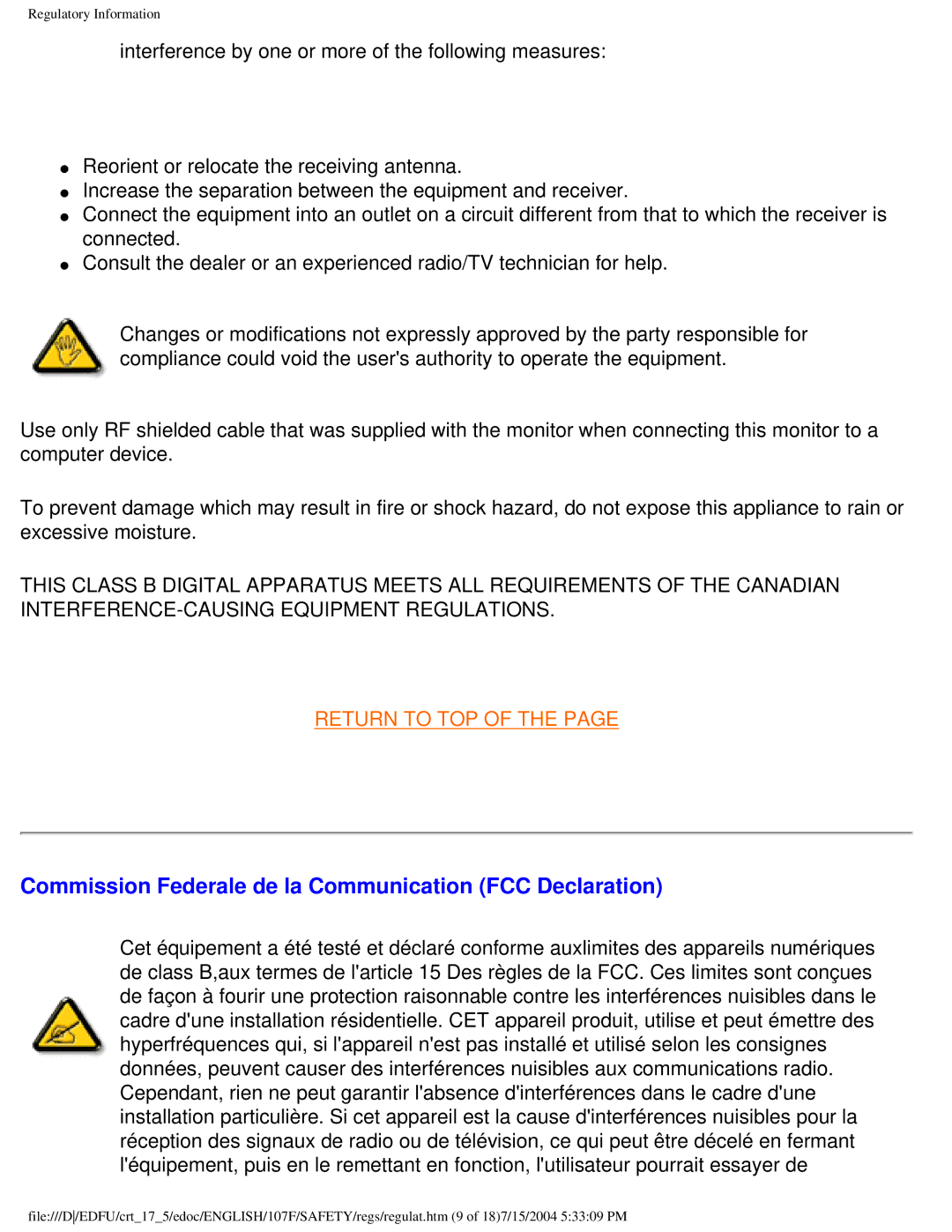 Philips 109B5, 109F5, 107S5, 107T5, 107F5, 107E5 user manual Commission Federale de la Communication FCC Declaration 