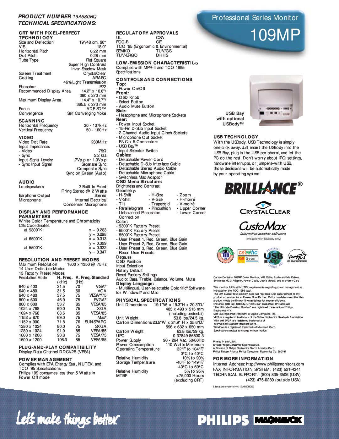 Philips 109MP manual Professional Series Monitor, PRODUCT NUMBER 19A580BQ TECHNICAL SPECIFICATIONS 
