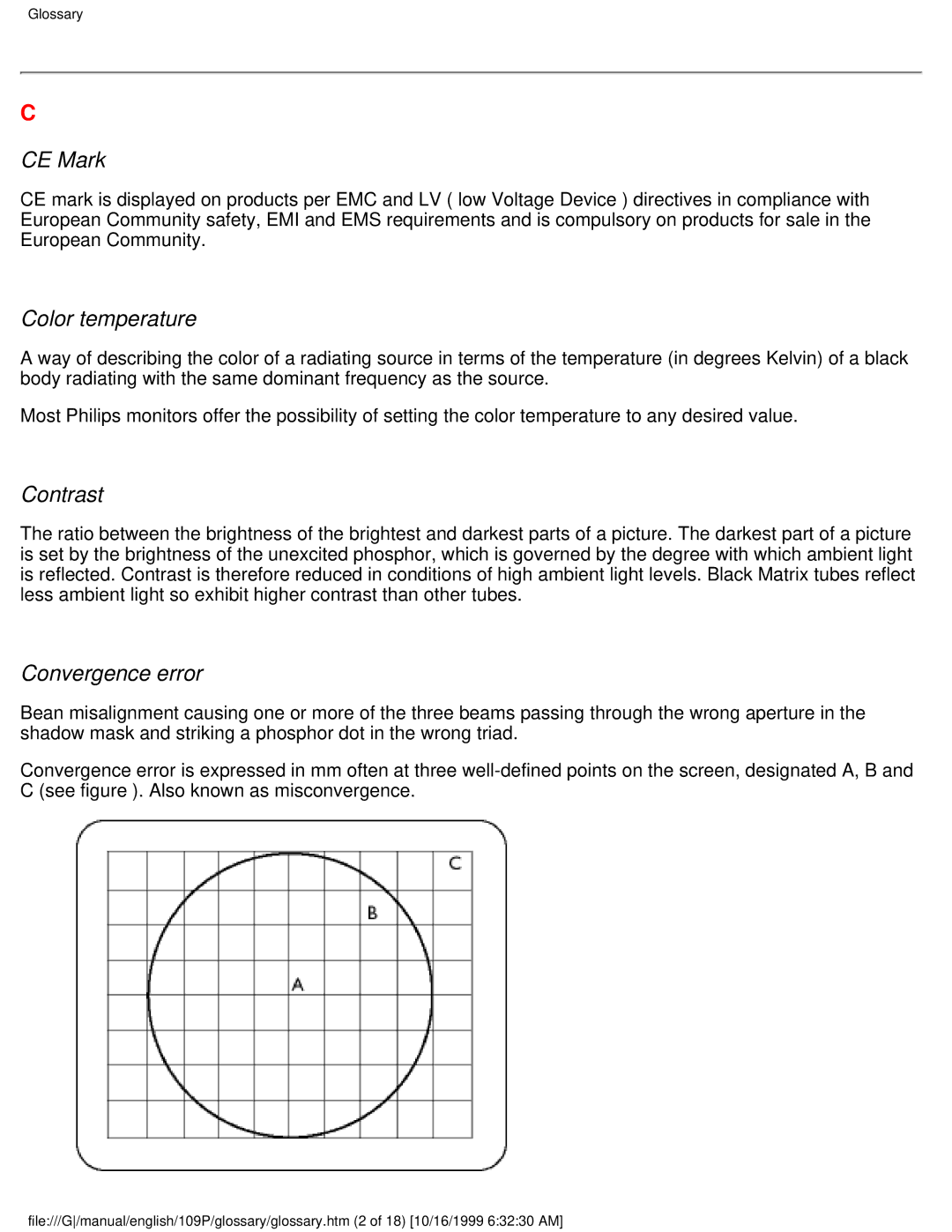 Philips 109P user manual CE Mark, Color temperature, Contrast, Convergence error 