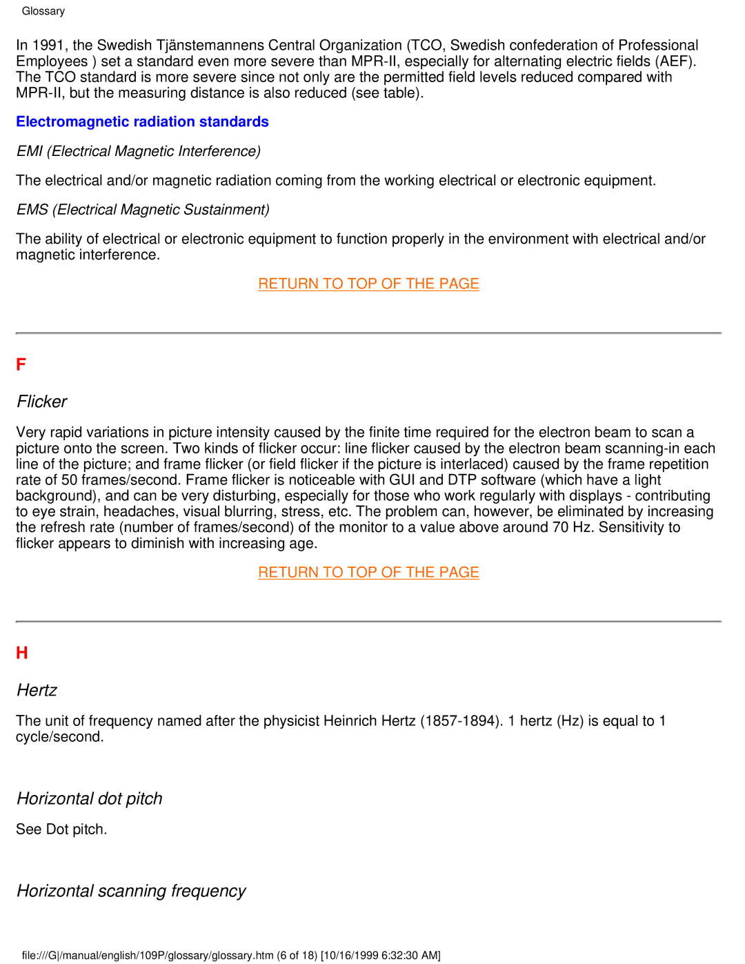 Philips 109P user manual Flicker, Hertz, Horizontal dot pitch, Horizontal scanning frequency 