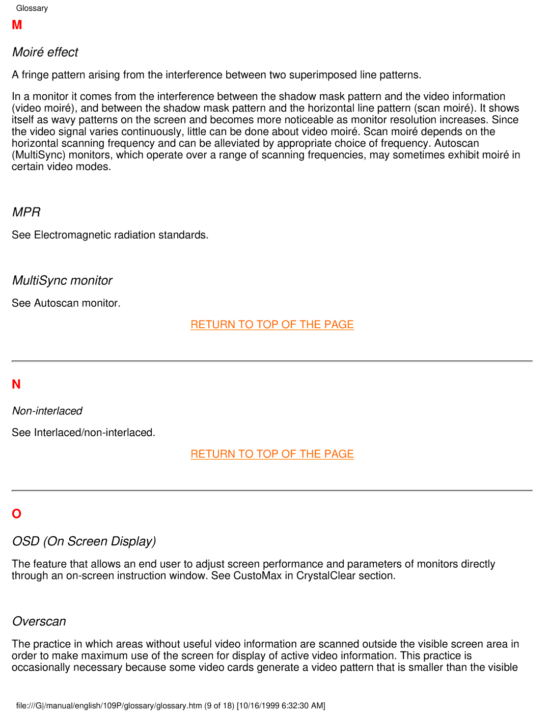 Philips 109P user manual Moiré effect, MultiSync monitor, OSD On Screen Display, Overscan 