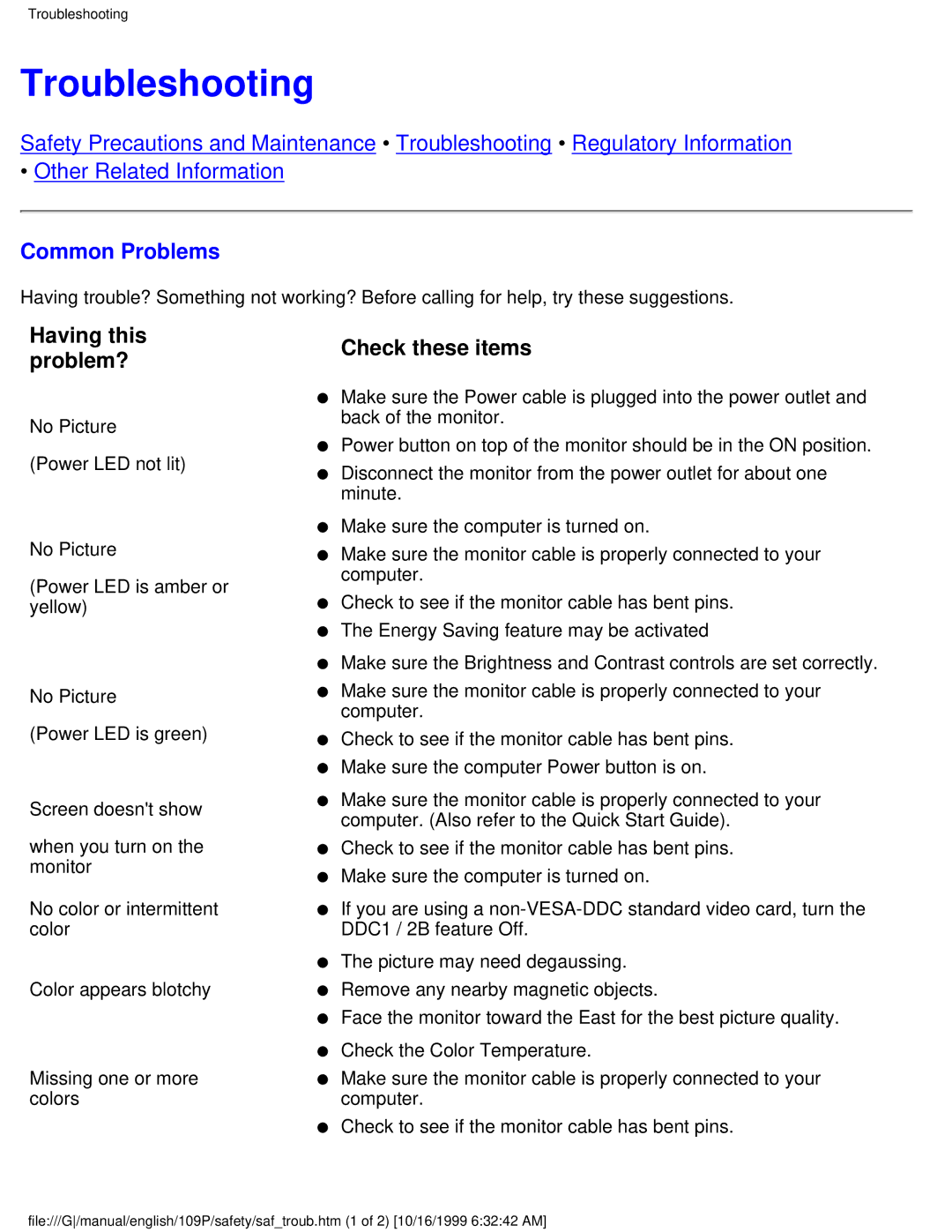 Philips 109P user manual Troubleshooting, Common Problems 