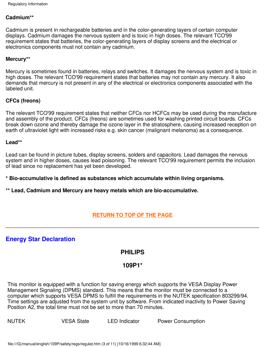 Philips 109P user manual Energy Star Declaration, Cadmium 