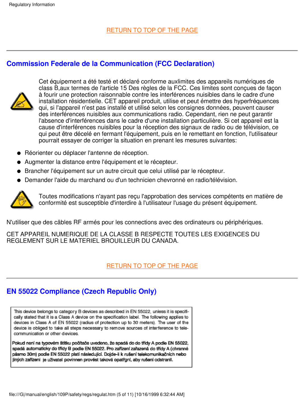 Philips 109P user manual Commission Federale de la Communication FCC Declaration, EN 55022 Compliance Czech Republic Only 