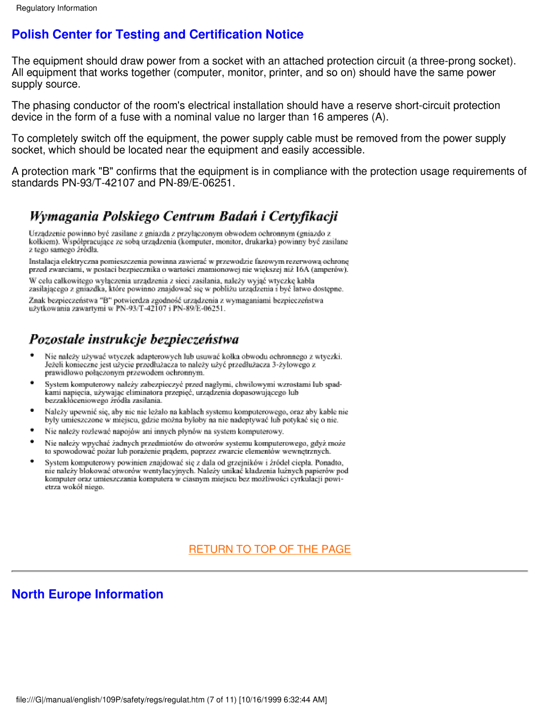 Philips 109P user manual Polish Center for Testing and Certification Notice, North Europe Information 