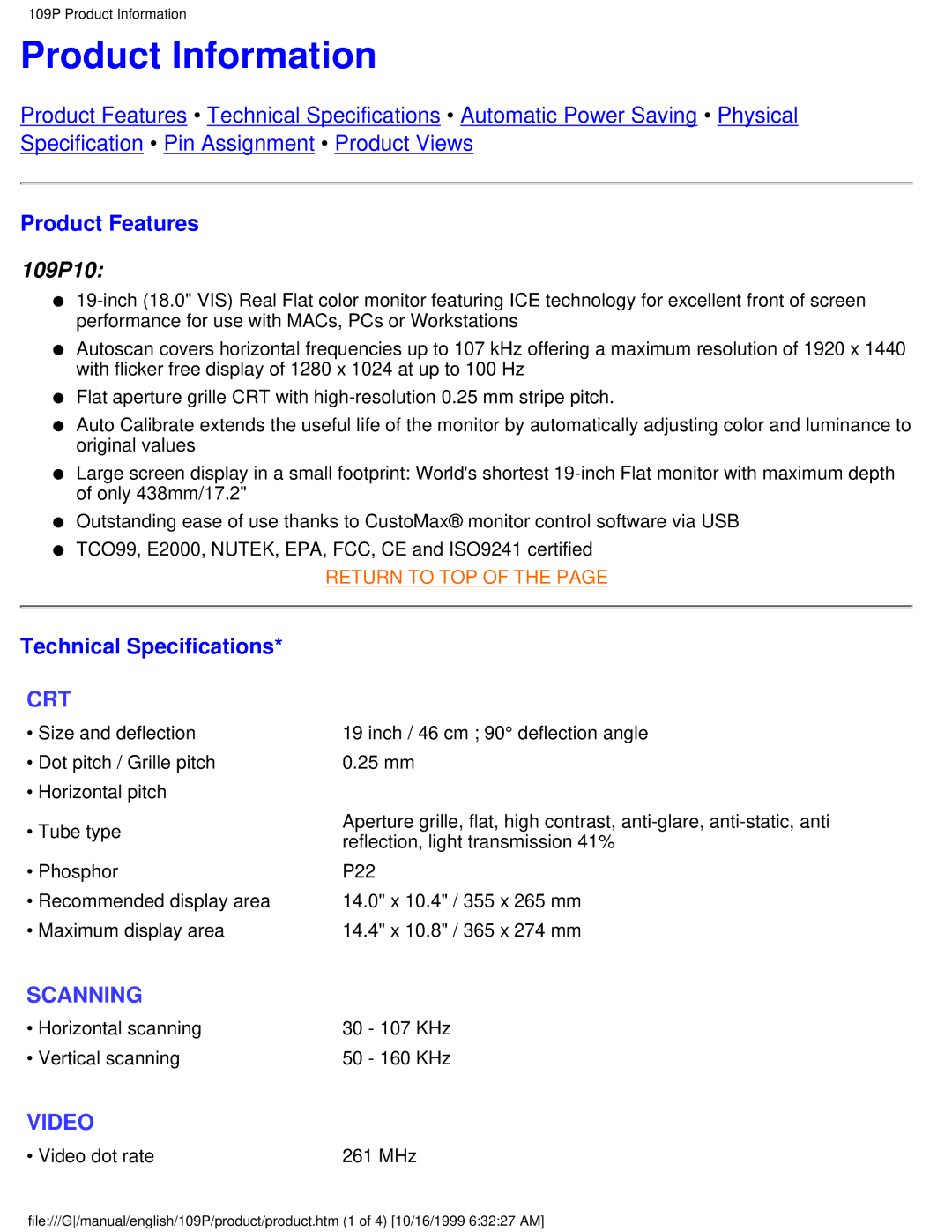 Philips 109P user manual Product Information, Product Features, Technical Specifications 