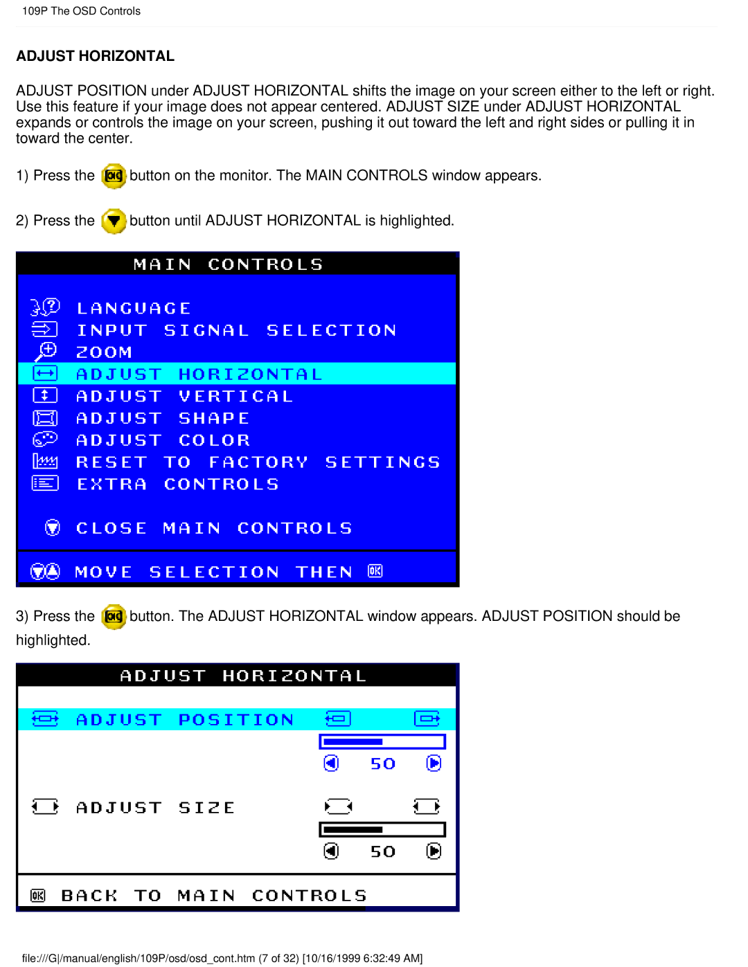 Philips 109P user manual Adjust Horizontal 