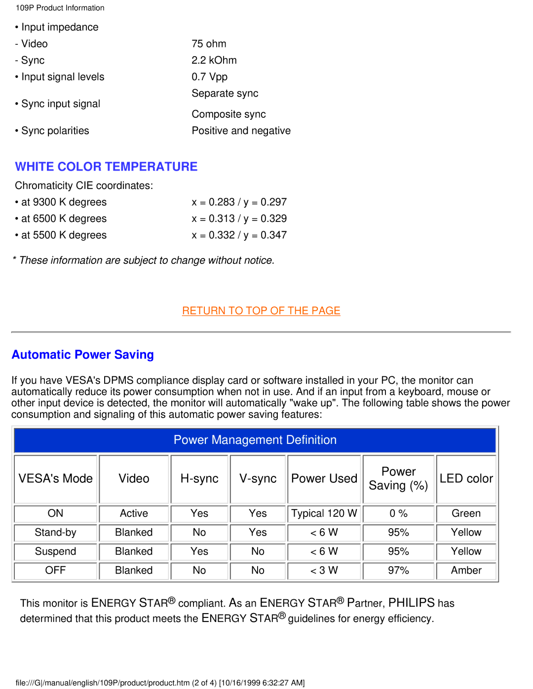 Philips 109P user manual White Color Temperature, Automatic Power Saving 