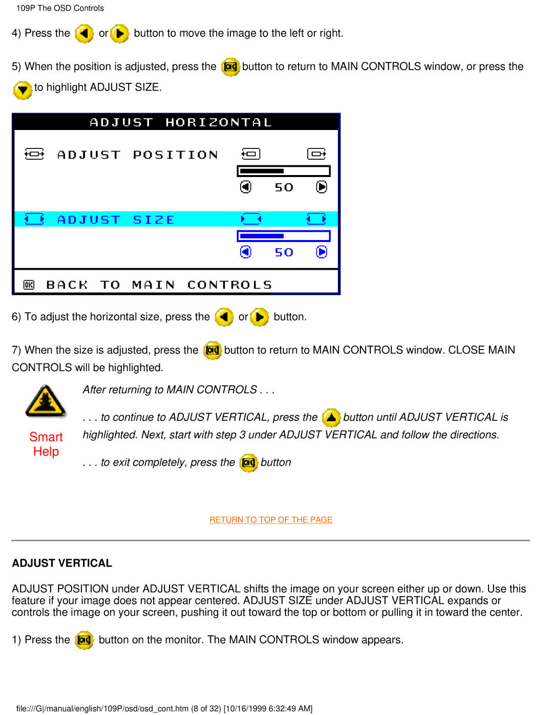 Philips 109P user manual Help, Adjust Vertical 