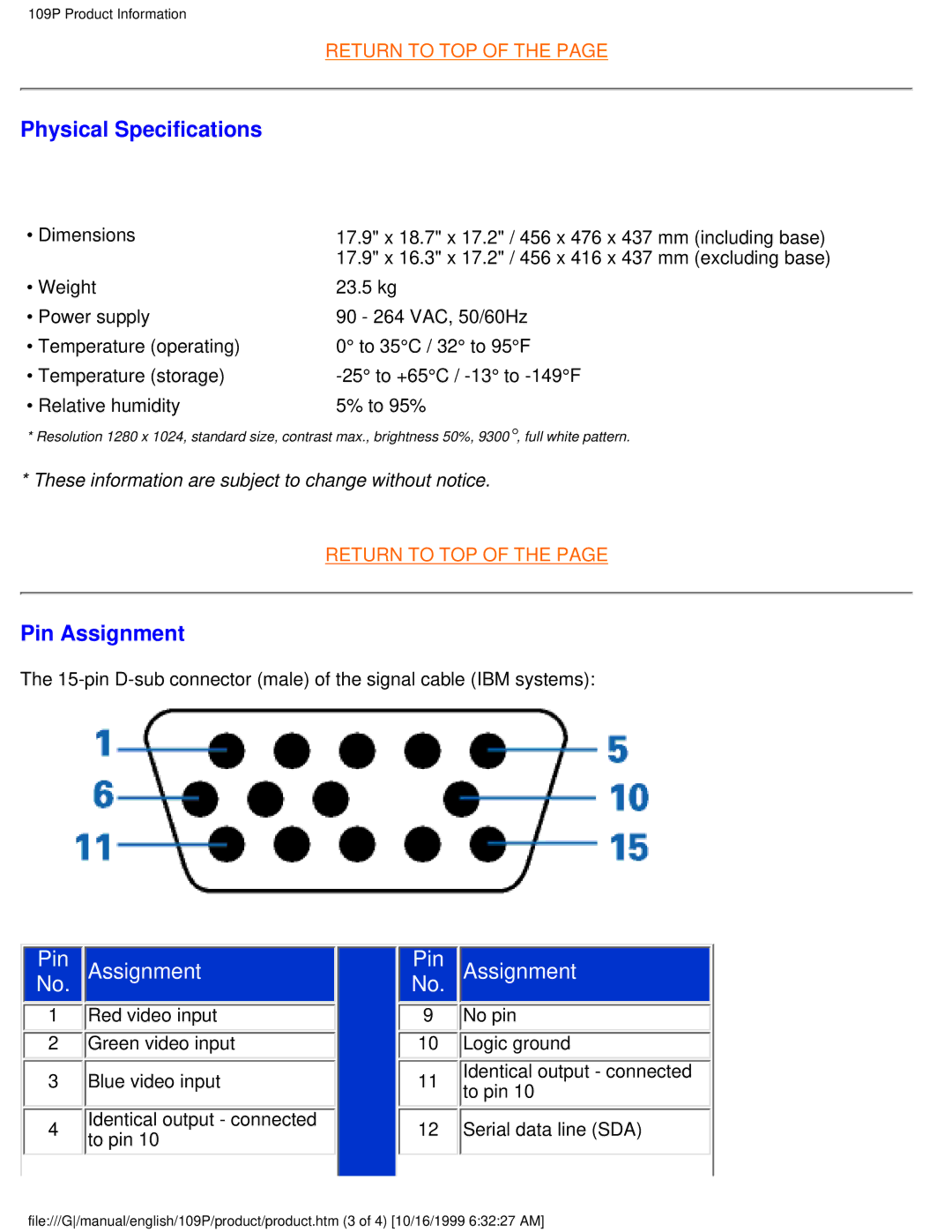 Philips 109P user manual Physical Specifications, Pin Assignment 