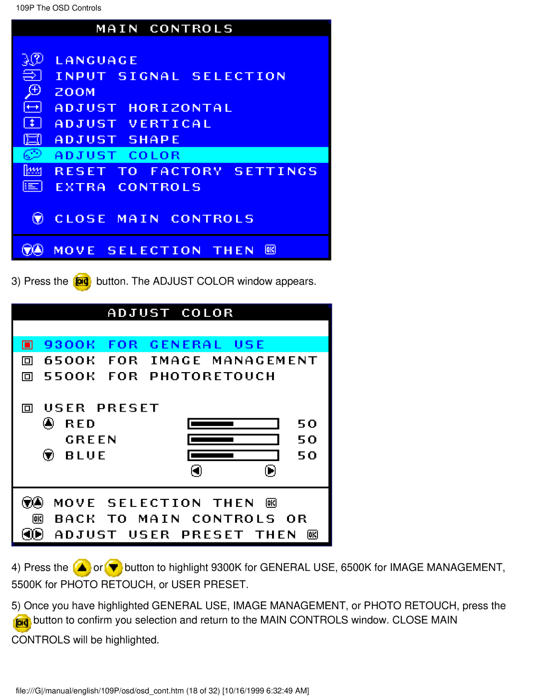 Philips user manual 109P The OSD Controls 