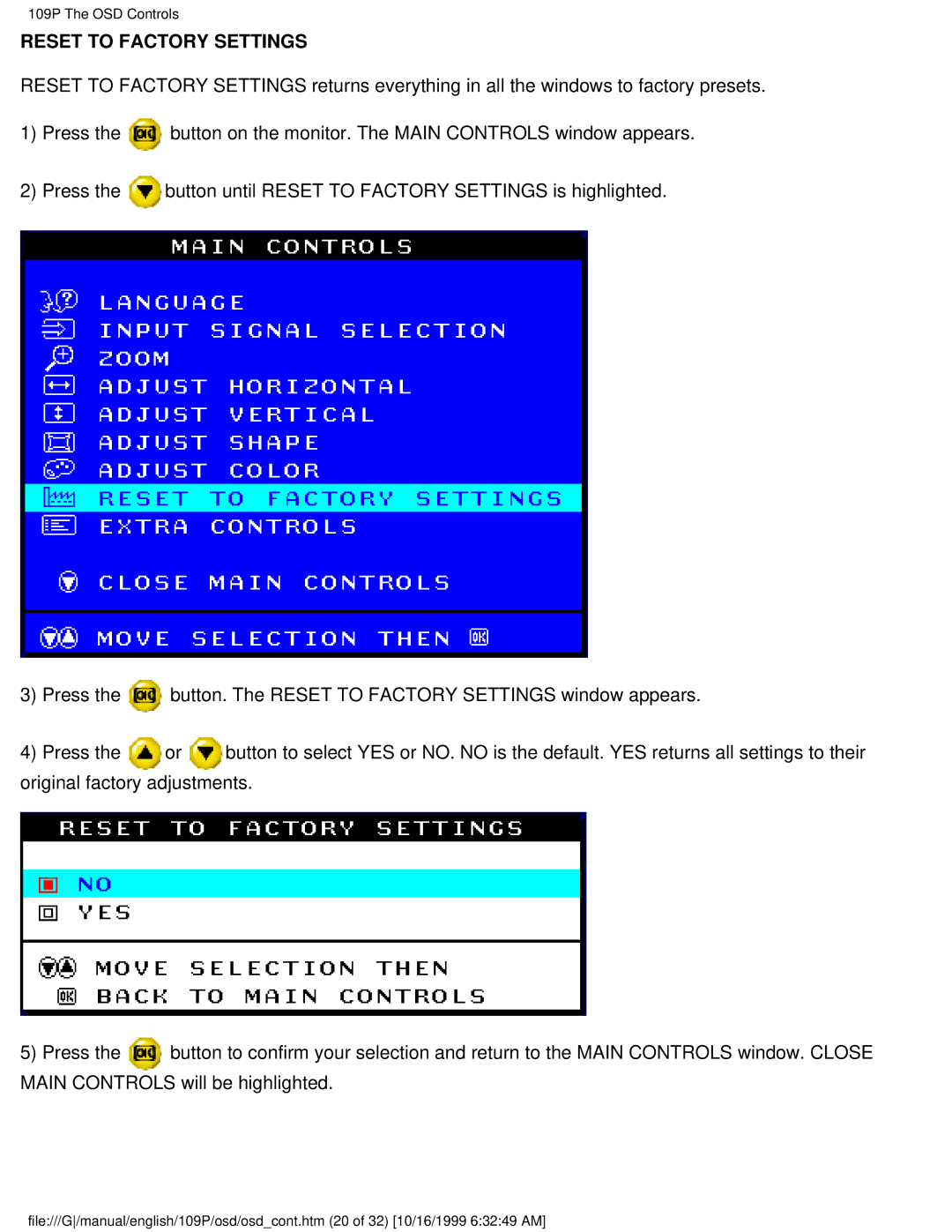 Philips 109P user manual Reset to Factory Settings 